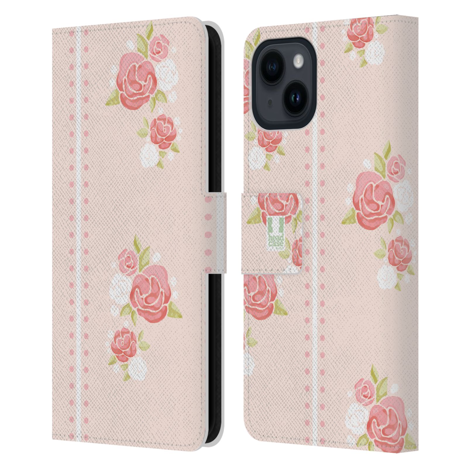 Pouzdro HEAD CASE na mobil Apple Iphone 15 Francouzský venkov pruhy a růže růžová barva