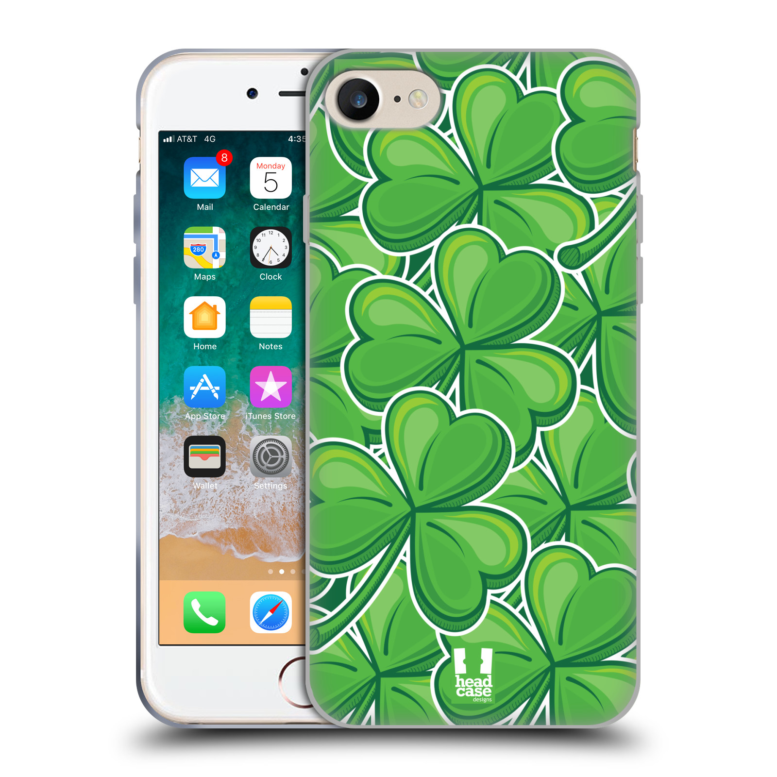 HEAD CASE silikonový obal na mobil Apple Iphone 8 vzor Kreslený čyřlístek zelená VELKÉ LÍSTEČKY