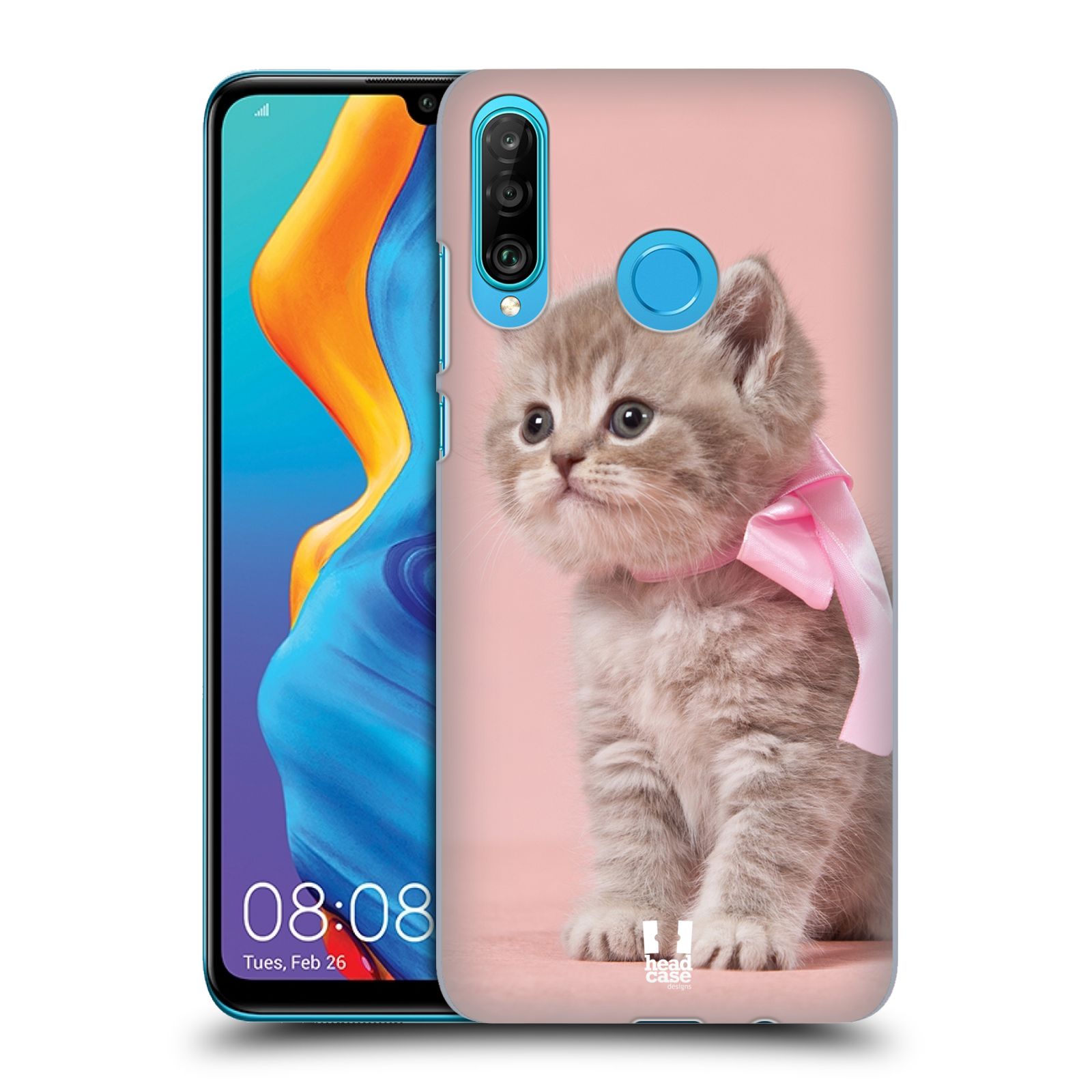 Pouzdro na mobil Huawei P30 LITE - HEAD CASE - vzor Kočičky koťata foto kotě s růžovou mašlí