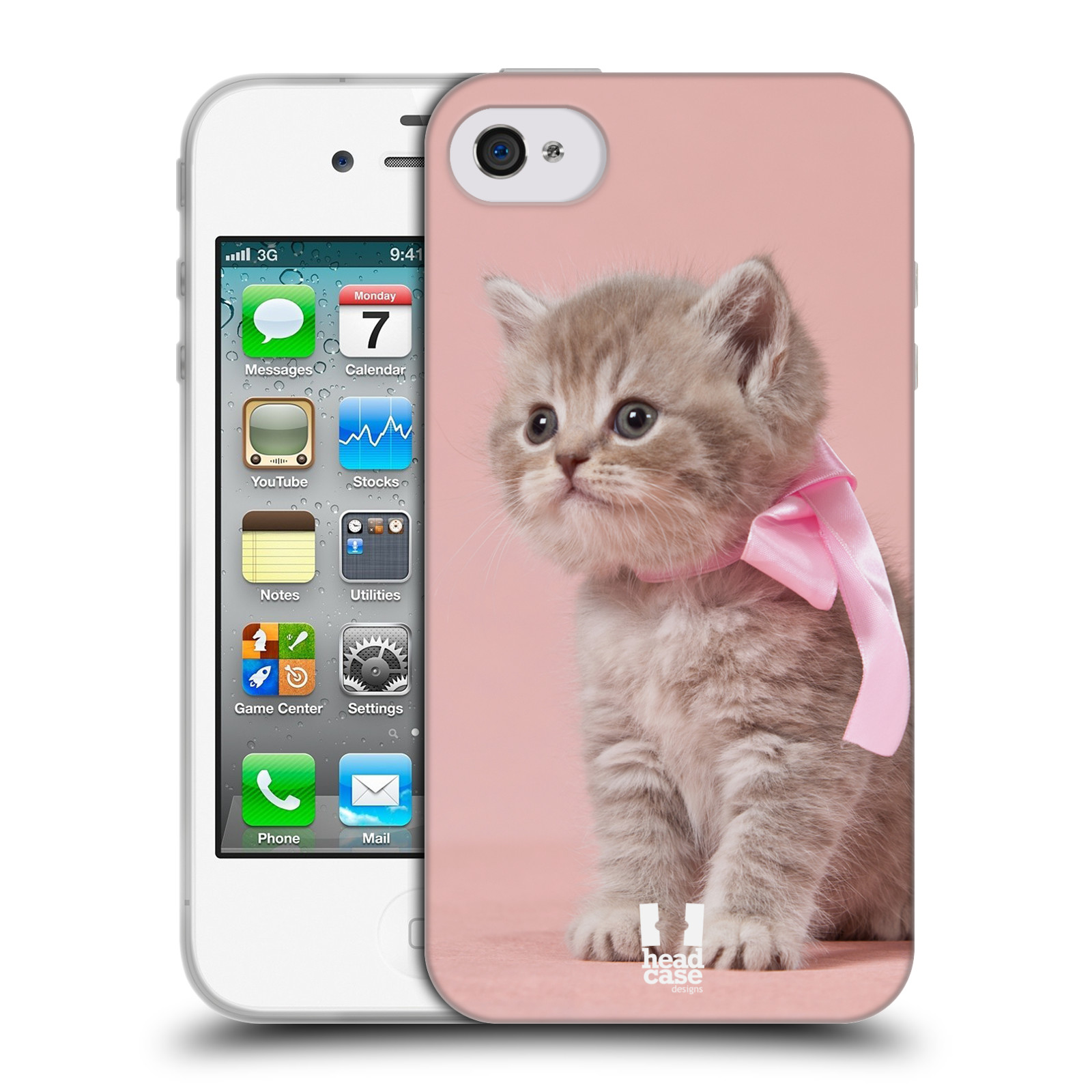 HEAD CASE silikonový obal na mobil Apple Iphone 4/4S vzor Kočičky koťata foto kotě s růžovou mašlí