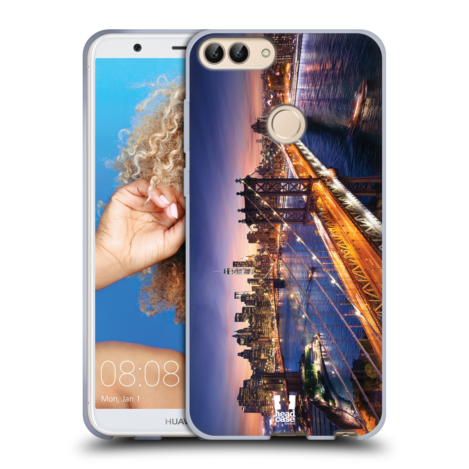 HEAD CASE silikon obal na mobil Huawei P SMART vzor Panoramata měst horizontální foto BROOKLYN MOST ZÁPAD SLUNCE