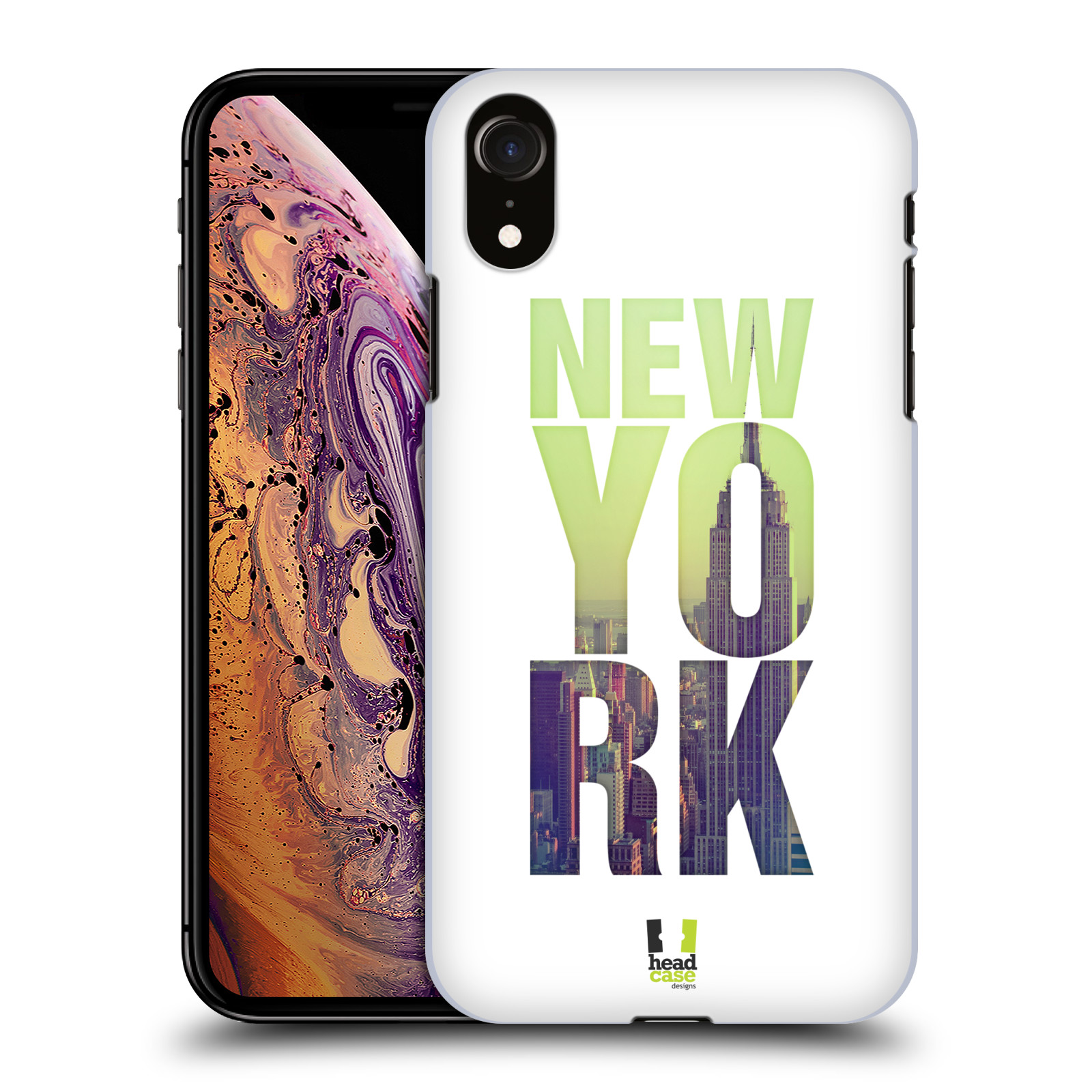 HEAD CASE plastový obal na mobil Apple Iphone XR vzor Města foto a nadpis USA, NEW YORK, MRAKODRAP