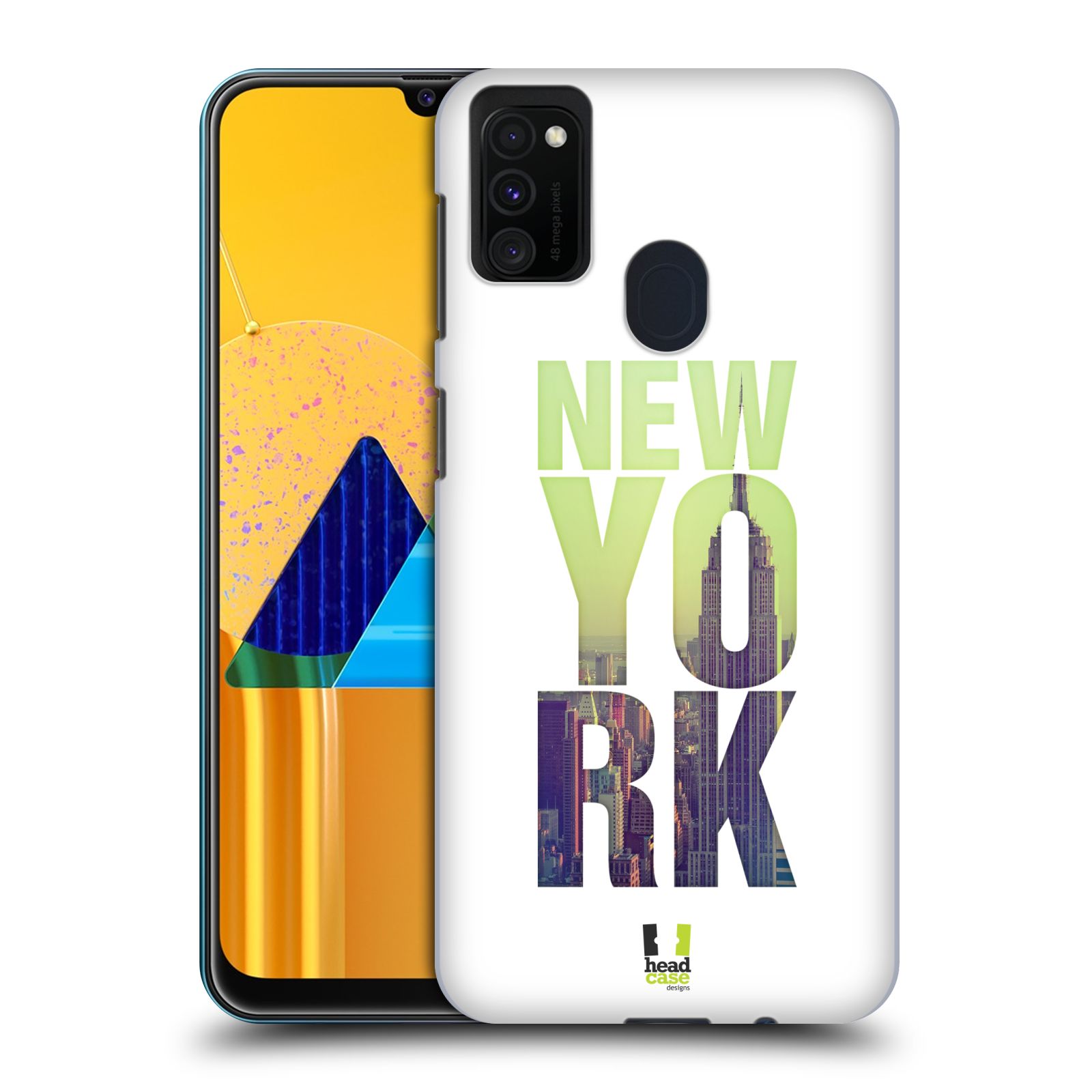 Zadní kryt na mobil Samsung Galaxy M21 vzor Města foto a nadpis USA, NEW YORK, MRAKODRAP