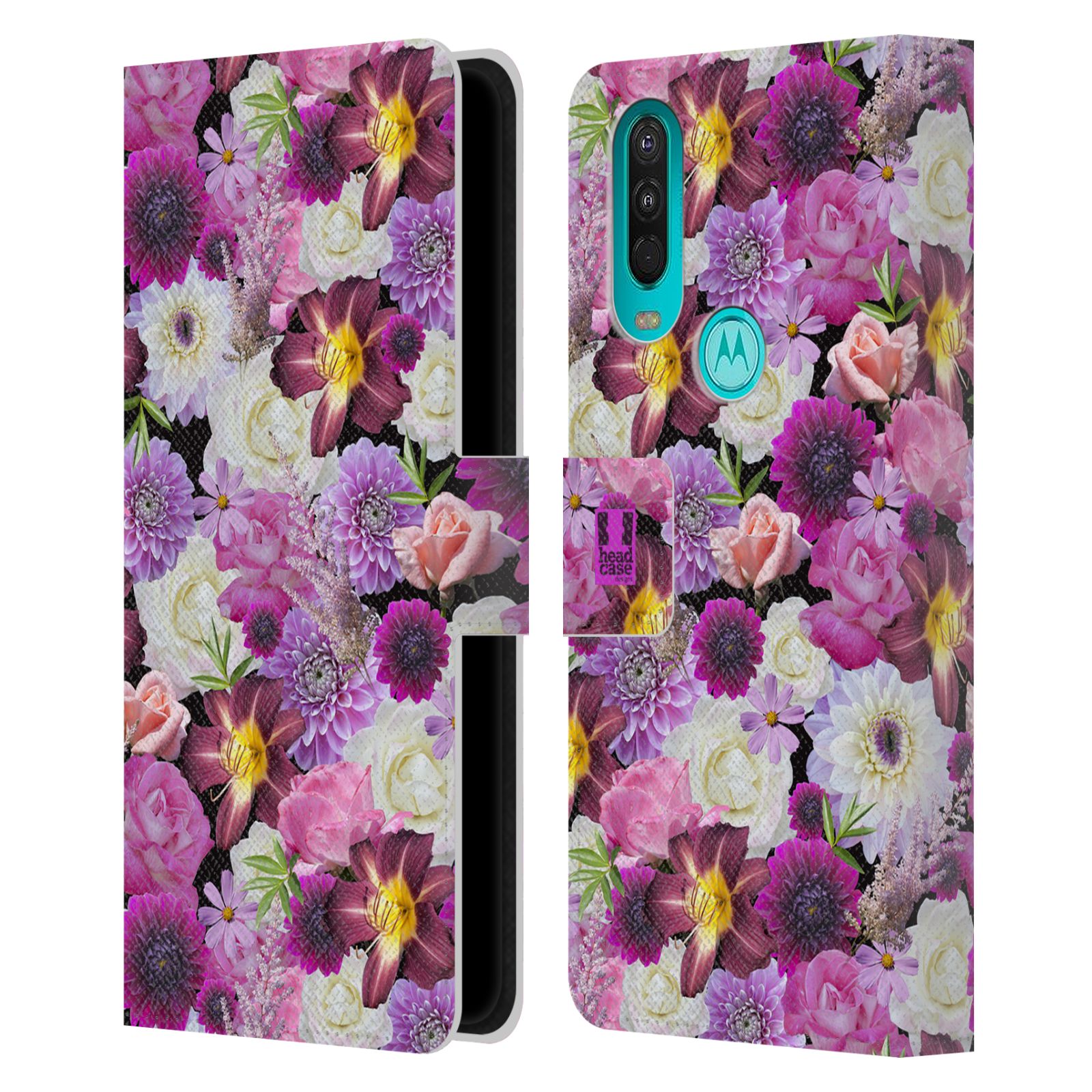 Pouzdro HEAD CASE na mobil Motorola One Action květy foto fialová a bílá
