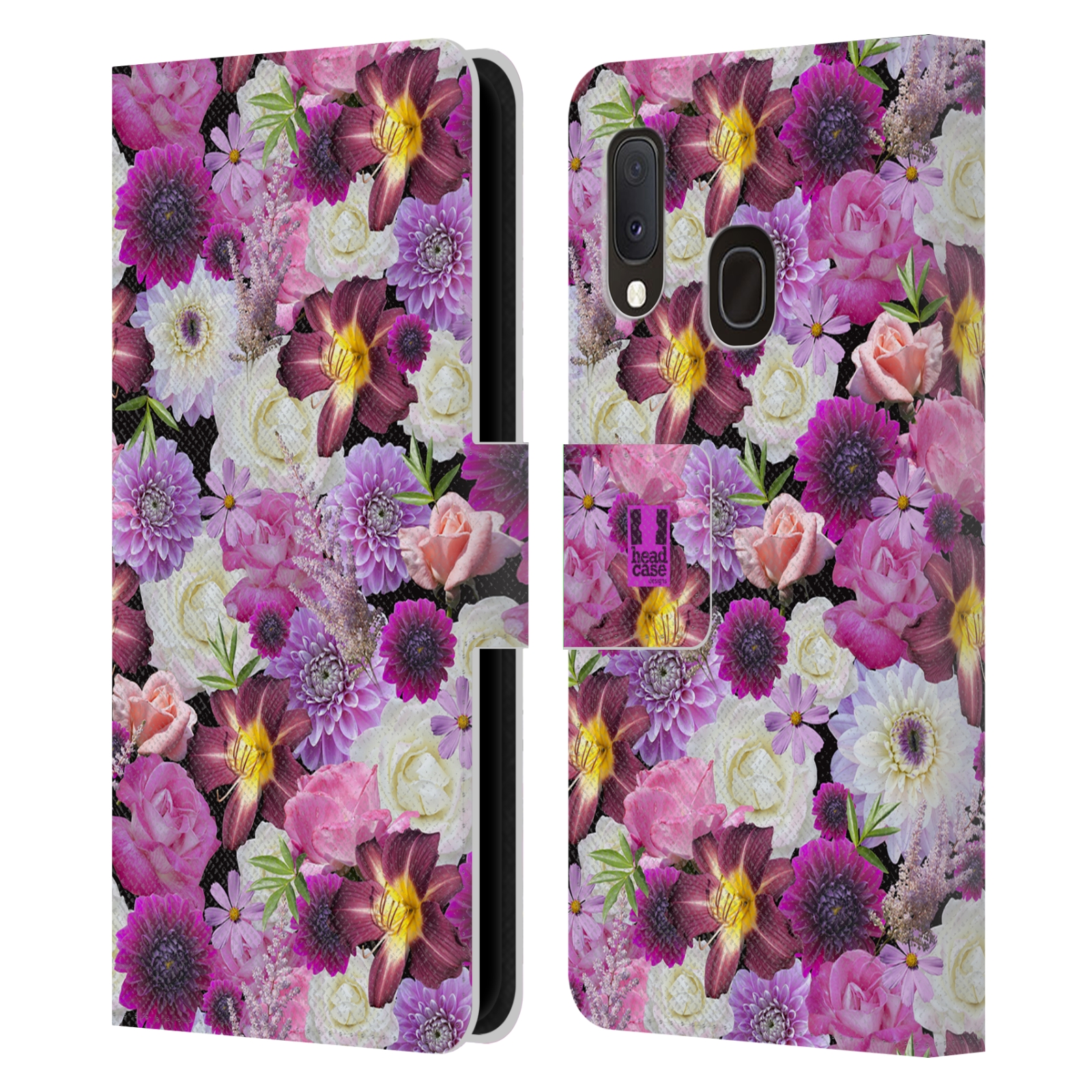 Pouzdro na mobil Samsung Galaxy A20e květy foto fialová a bílá