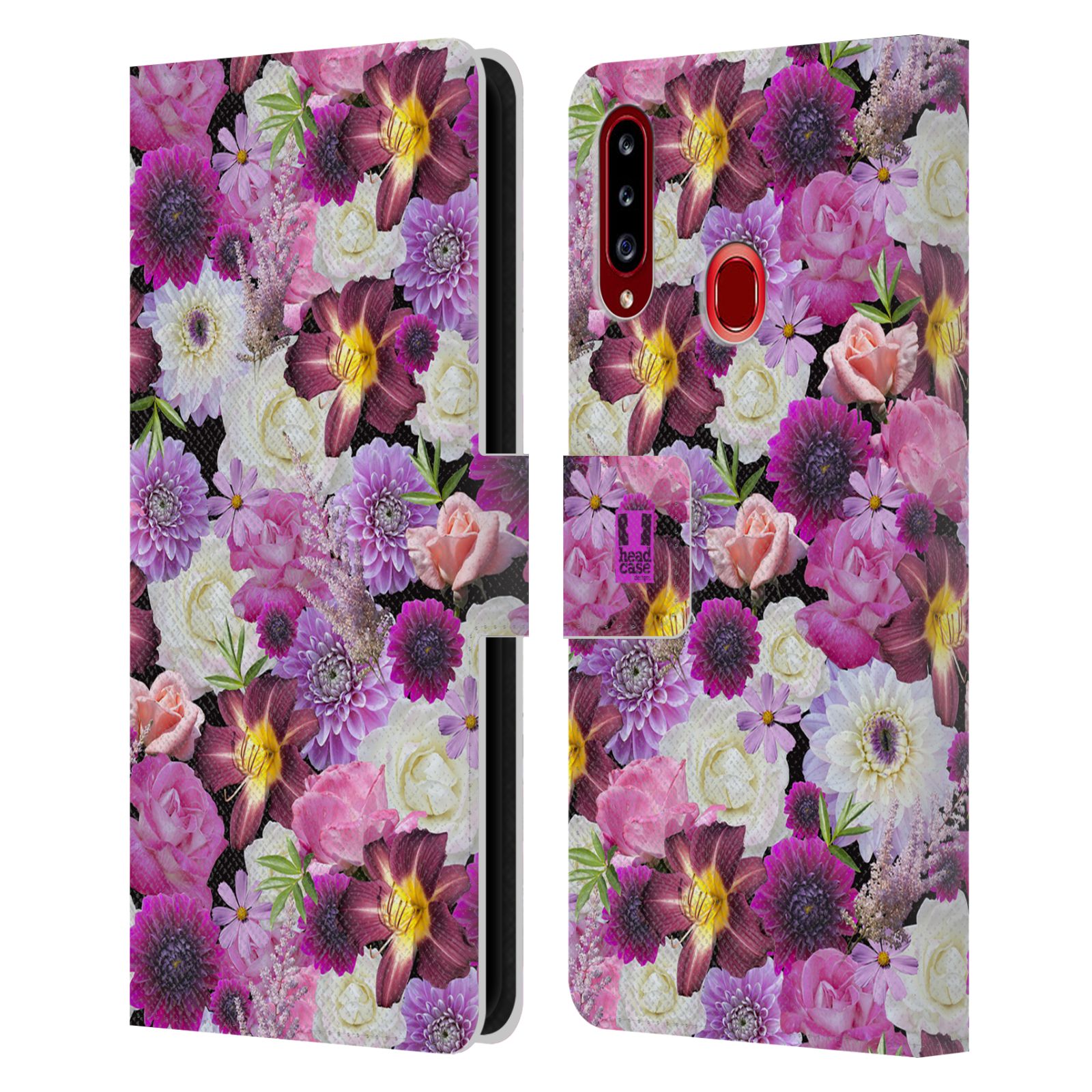 HEAD CASE Flipové pouzdro pro mobil Samsung Galaxy A20s květy foto fialová a bílá