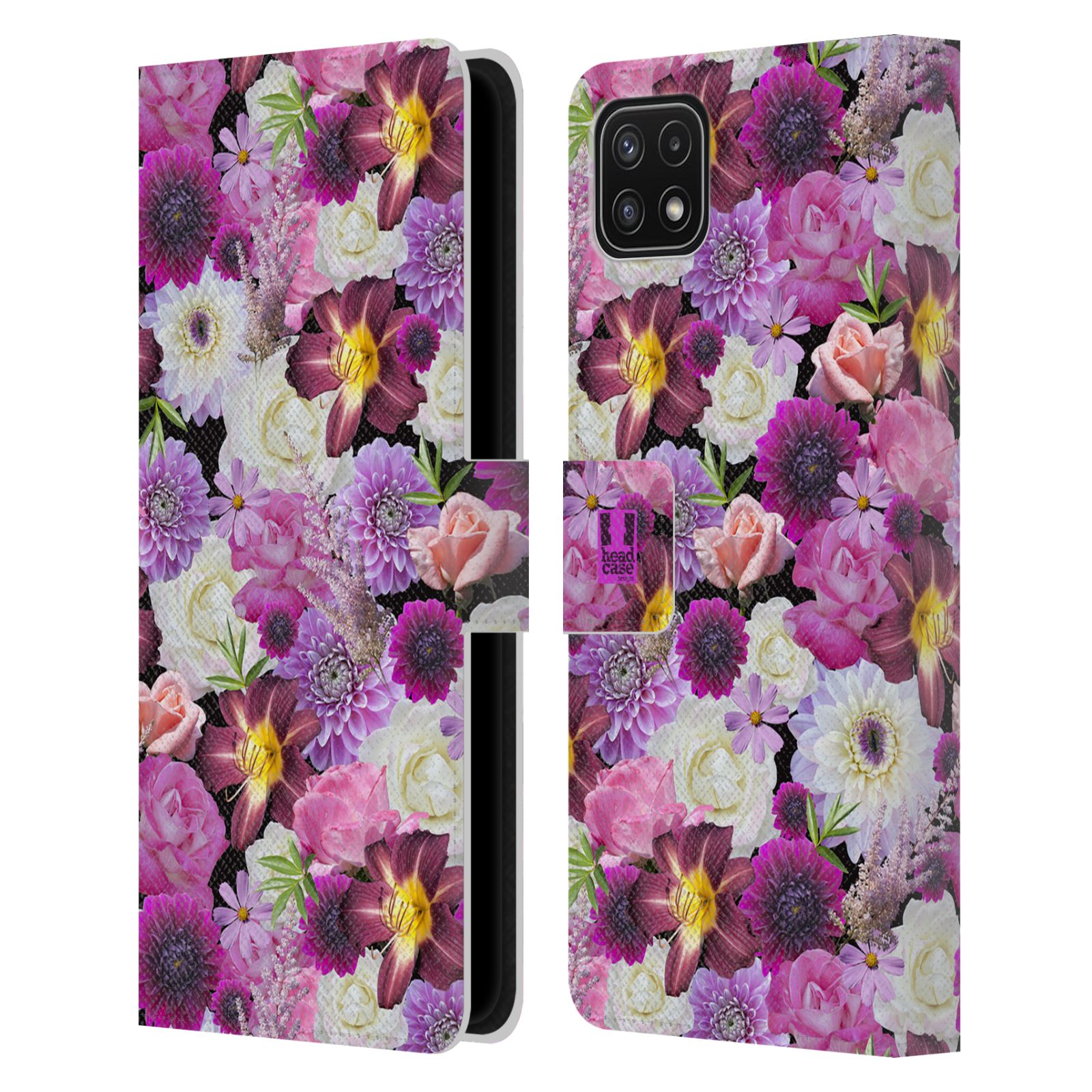 Pouzdro HEAD CASE na mobil Samsung Galaxy A22 5G květy foto fialová a bílá