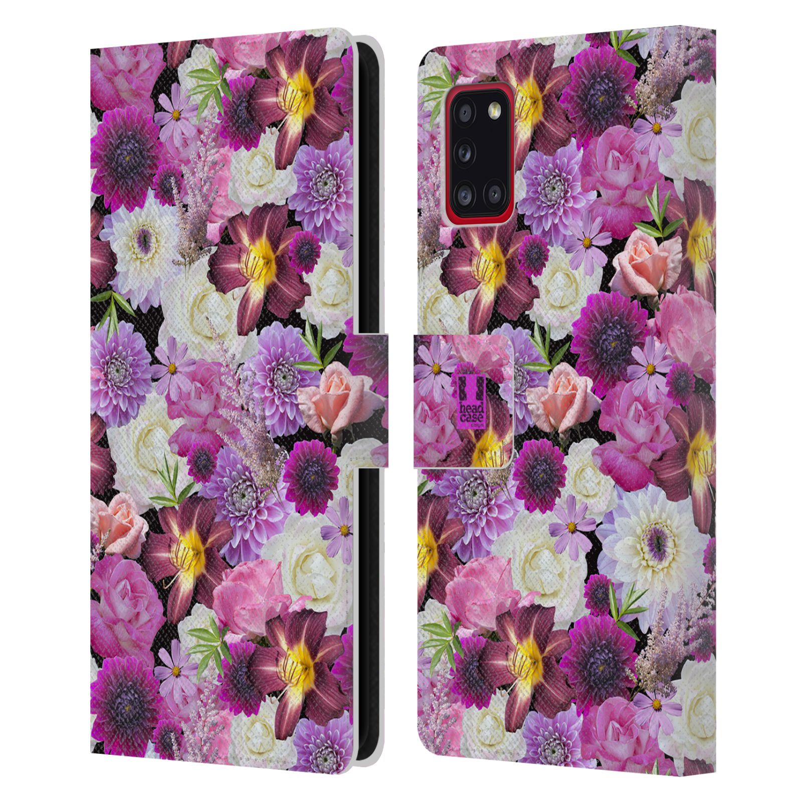 Pouzdro HEAD CASE na mobil Samsung Galaxy A31 květy foto fialová a bílá