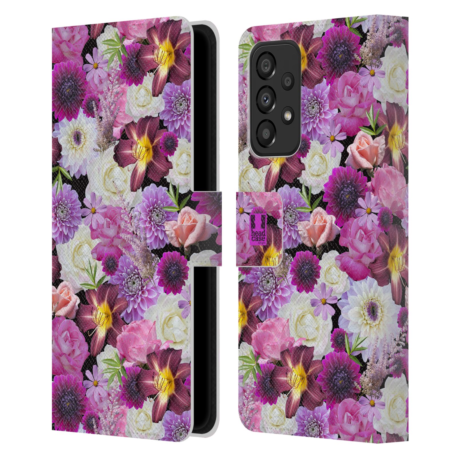 Pouzdro HEAD CASE na mobil Samsung Galaxy A33 5G květy foto fialová a bílá