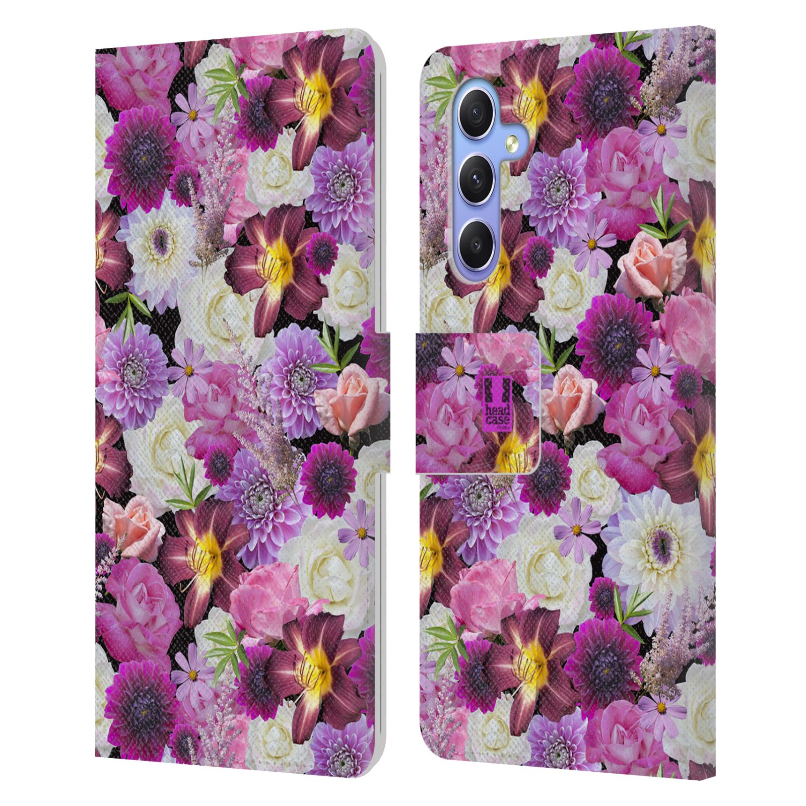 Pouzdro HEAD CASE na mobil Samsung Galaxy A34 5G květy foto fialová a bílá