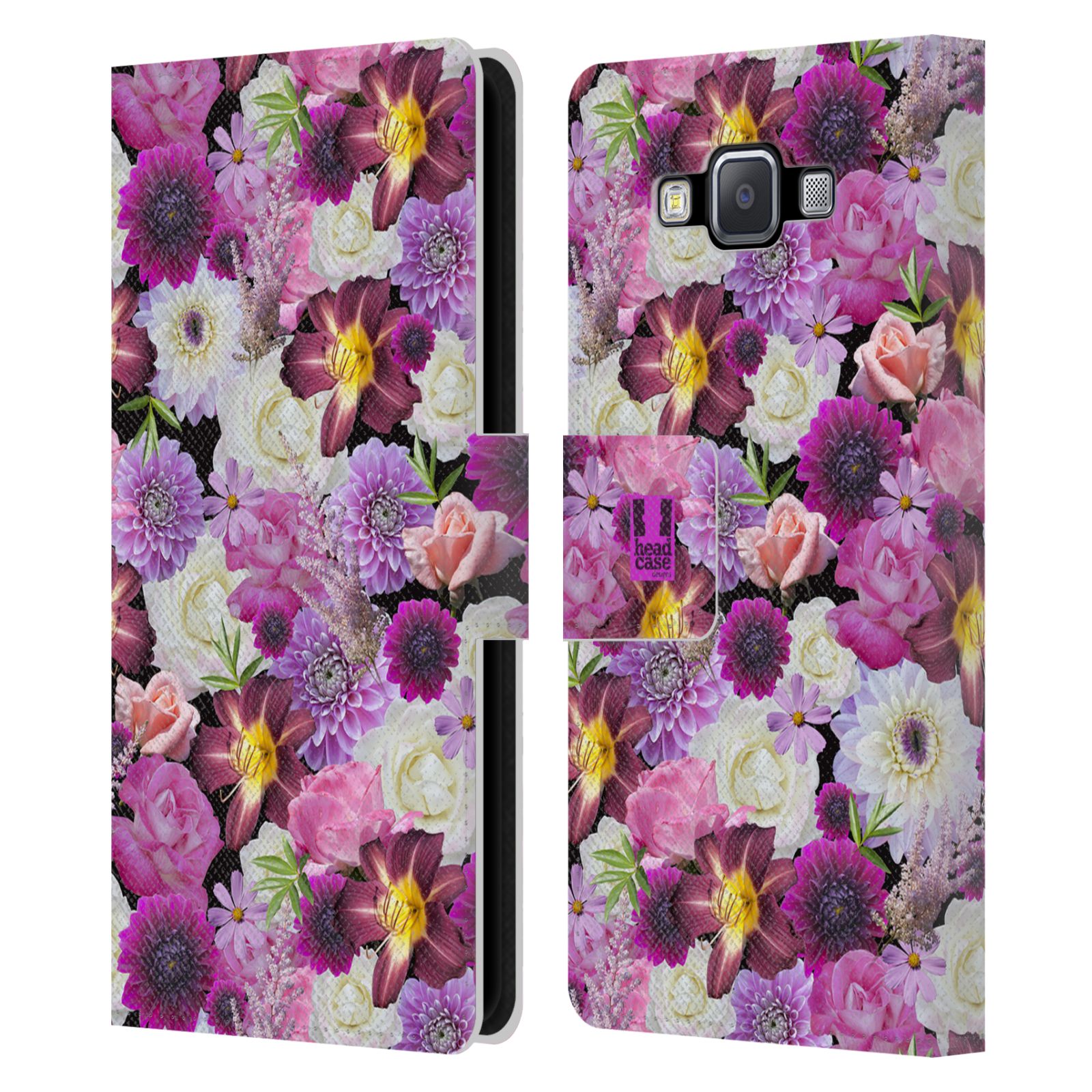 HEAD CASE Flipové pouzdro pro mobil Samsung Galaxy A5 květy foto fialová a bílá