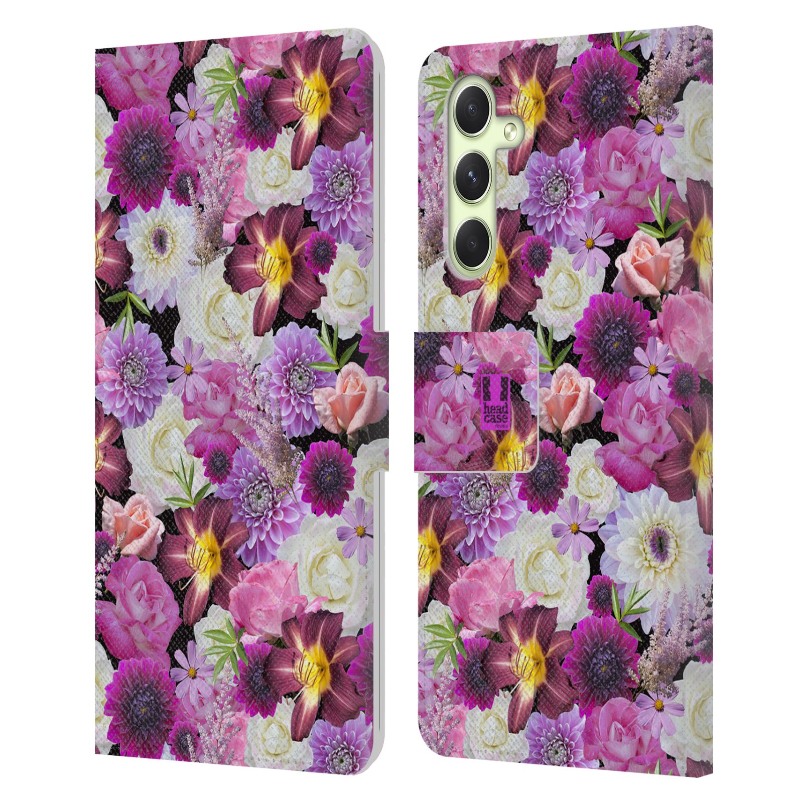 Pouzdro HEAD CASE na mobil Samsung Galaxy A54 5G květy foto fialová a bílá