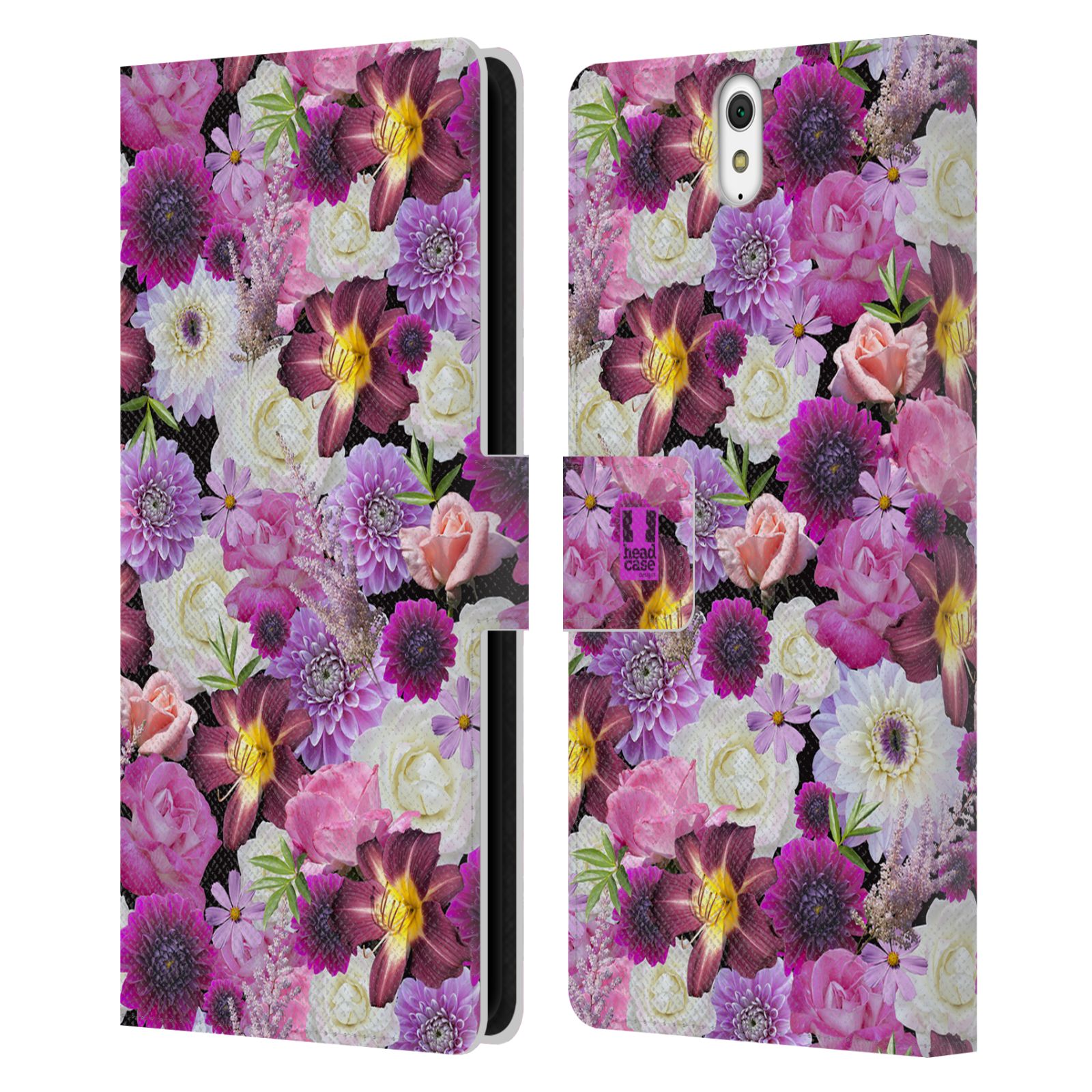 HEAD CASE Flipové pouzdro pro mobil SONY XPERIA C5 Ultra květy foto fialová a bílá