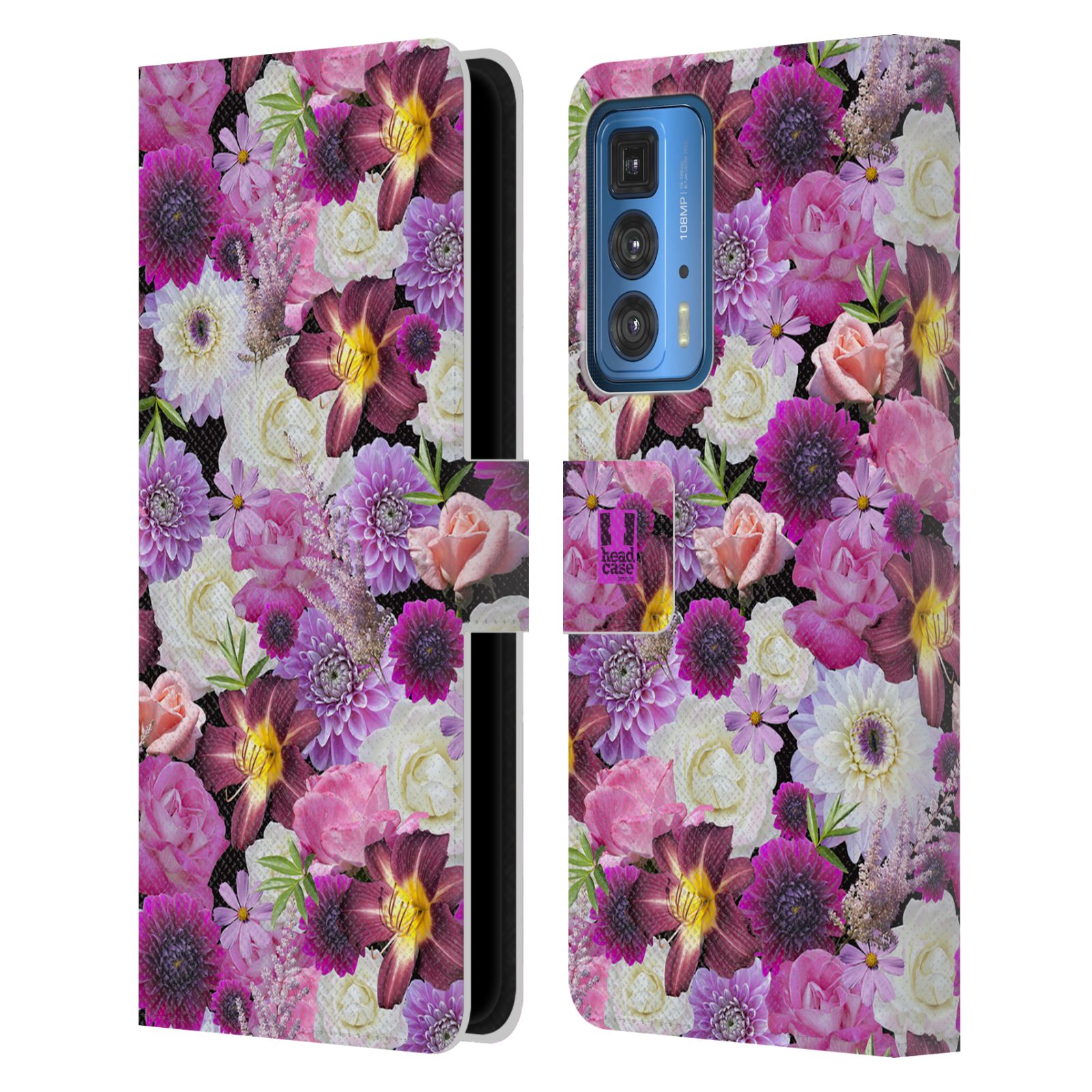 Pouzdro HEAD CASE na mobil Motorola EDGE 20 PRO květy foto fialová a bílá