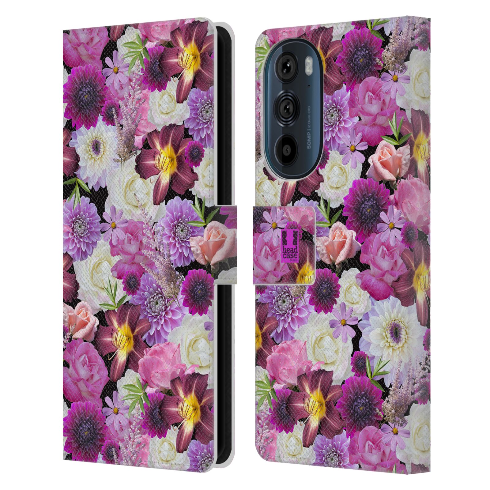 Pouzdro HEAD CASE na mobil Motorola EDGE 30 květy foto fialová a bílá