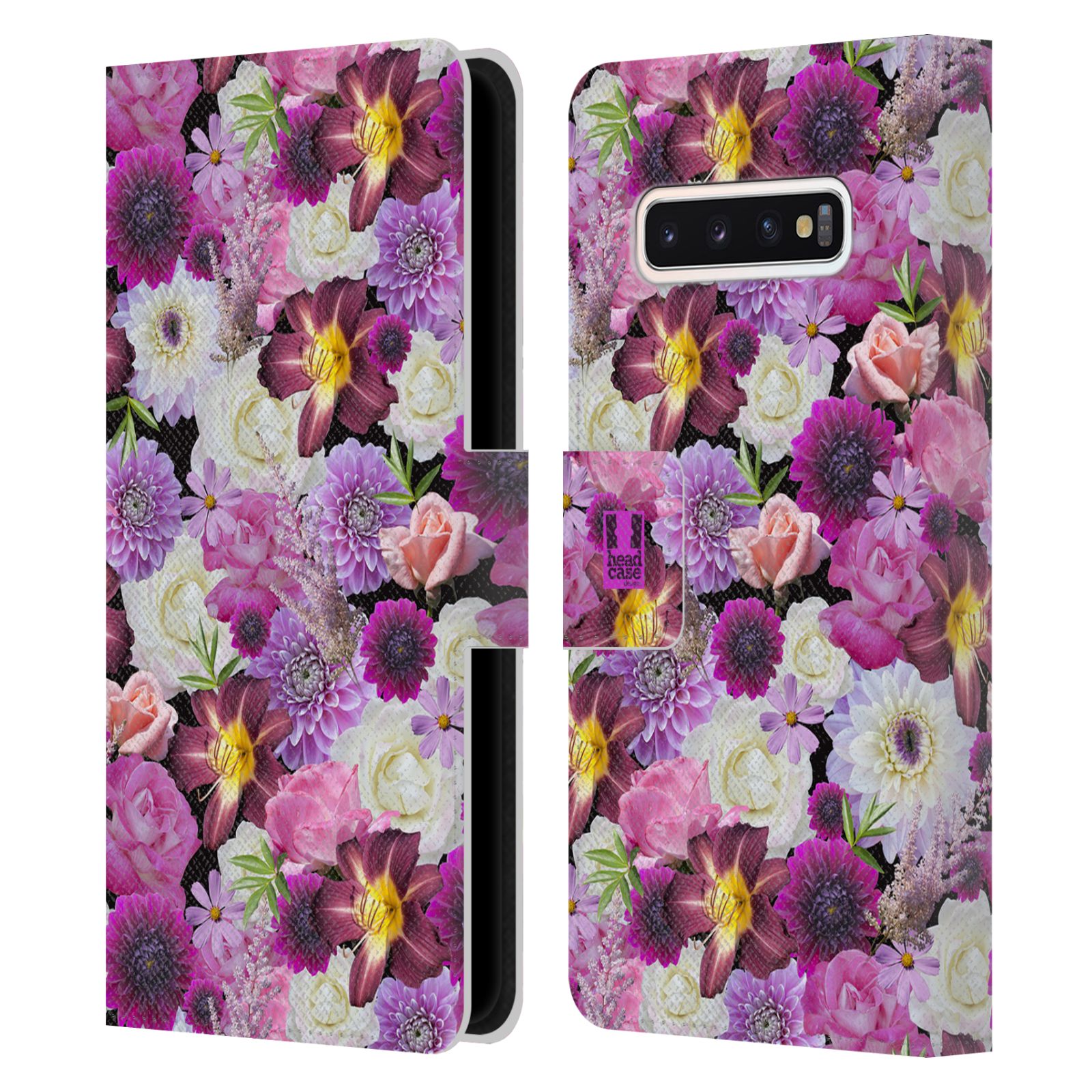 Pouzdro HEAD CASE na mobil Samsung Galaxy S10 květy foto fialová a bílá