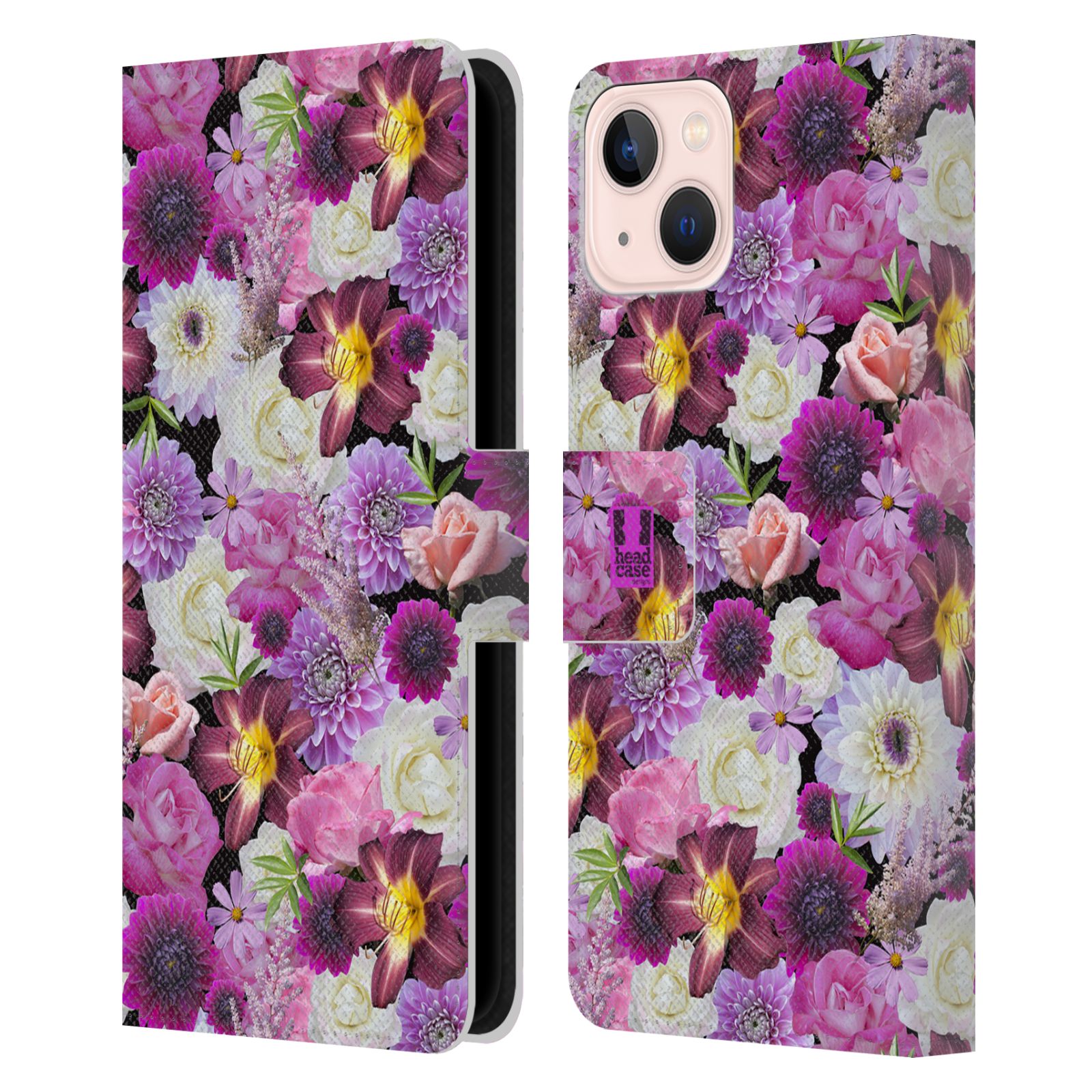 Pouzdro HEAD CASE na mobil Apple Iphone 13 květy foto fialová a bílá