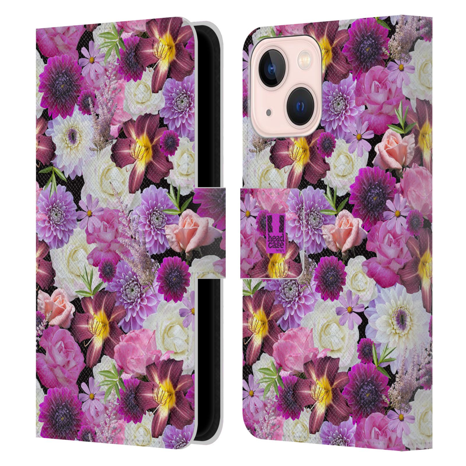 Pouzdro HEAD CASE na mobil Apple Iphone 13 MINI květy foto fialová a bílá