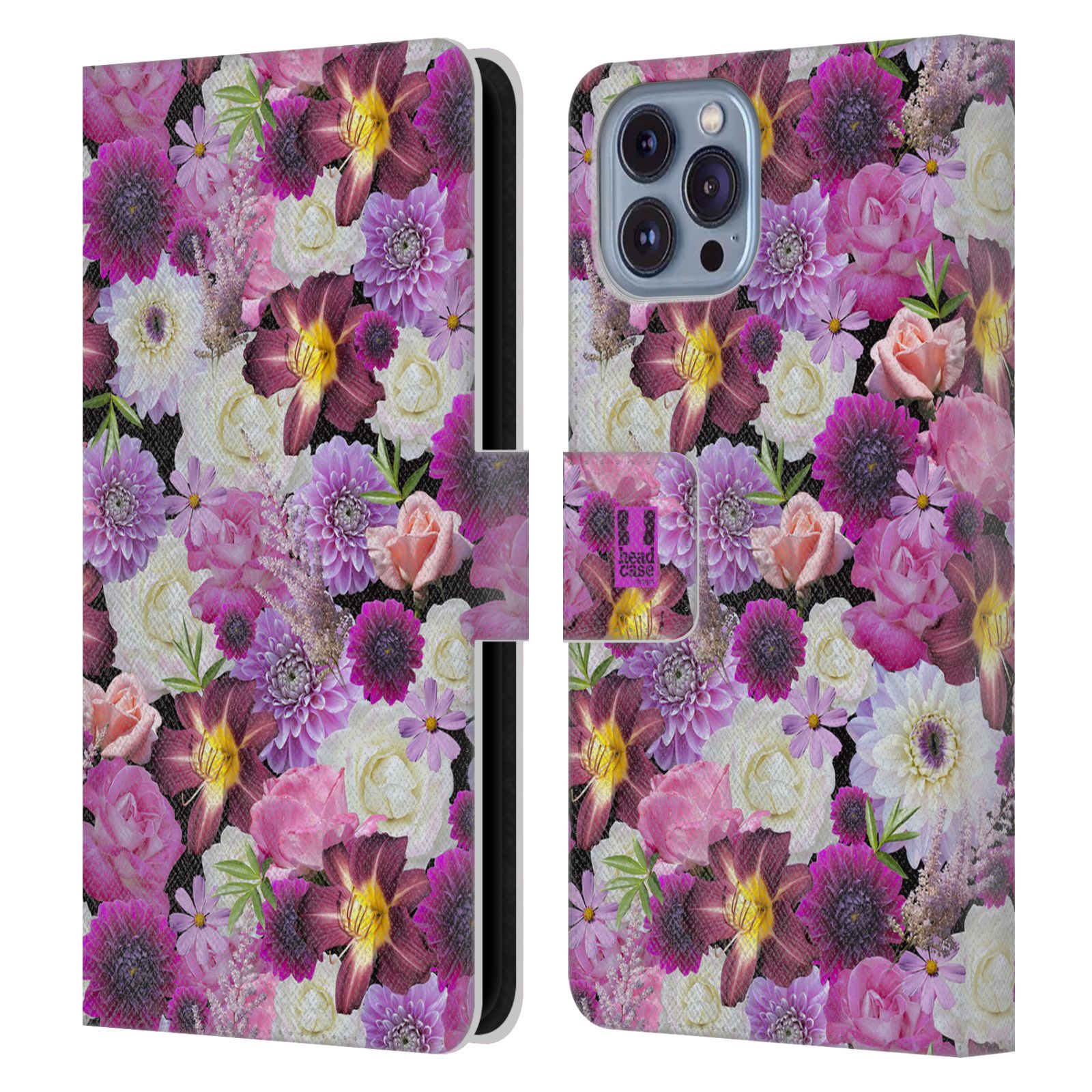 Pouzdro HEAD CASE na mobil Apple Iphone 14 květy foto fialová a bílá