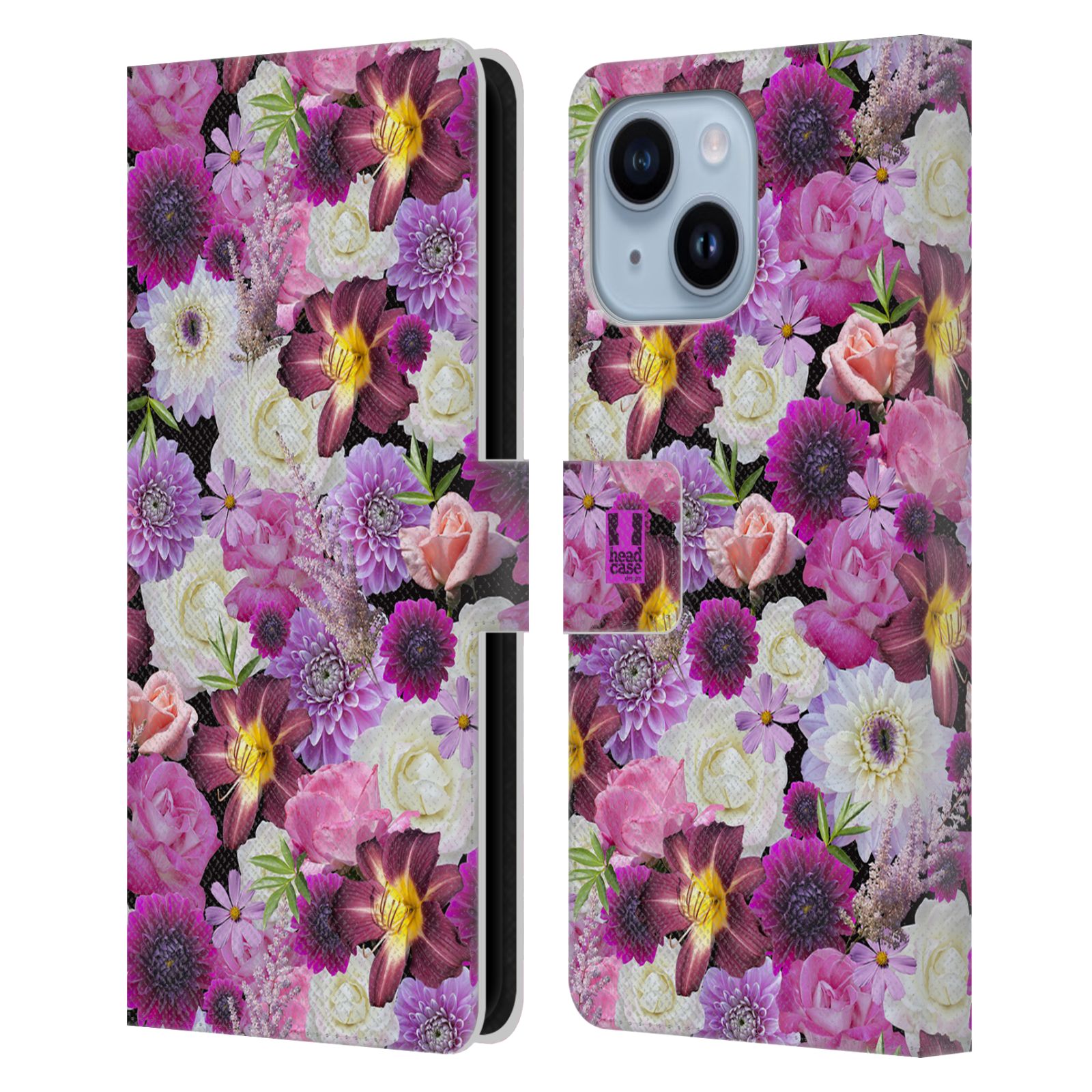 Pouzdro HEAD CASE na mobil Apple Iphone 14 PLUS květy foto fialová a bílá