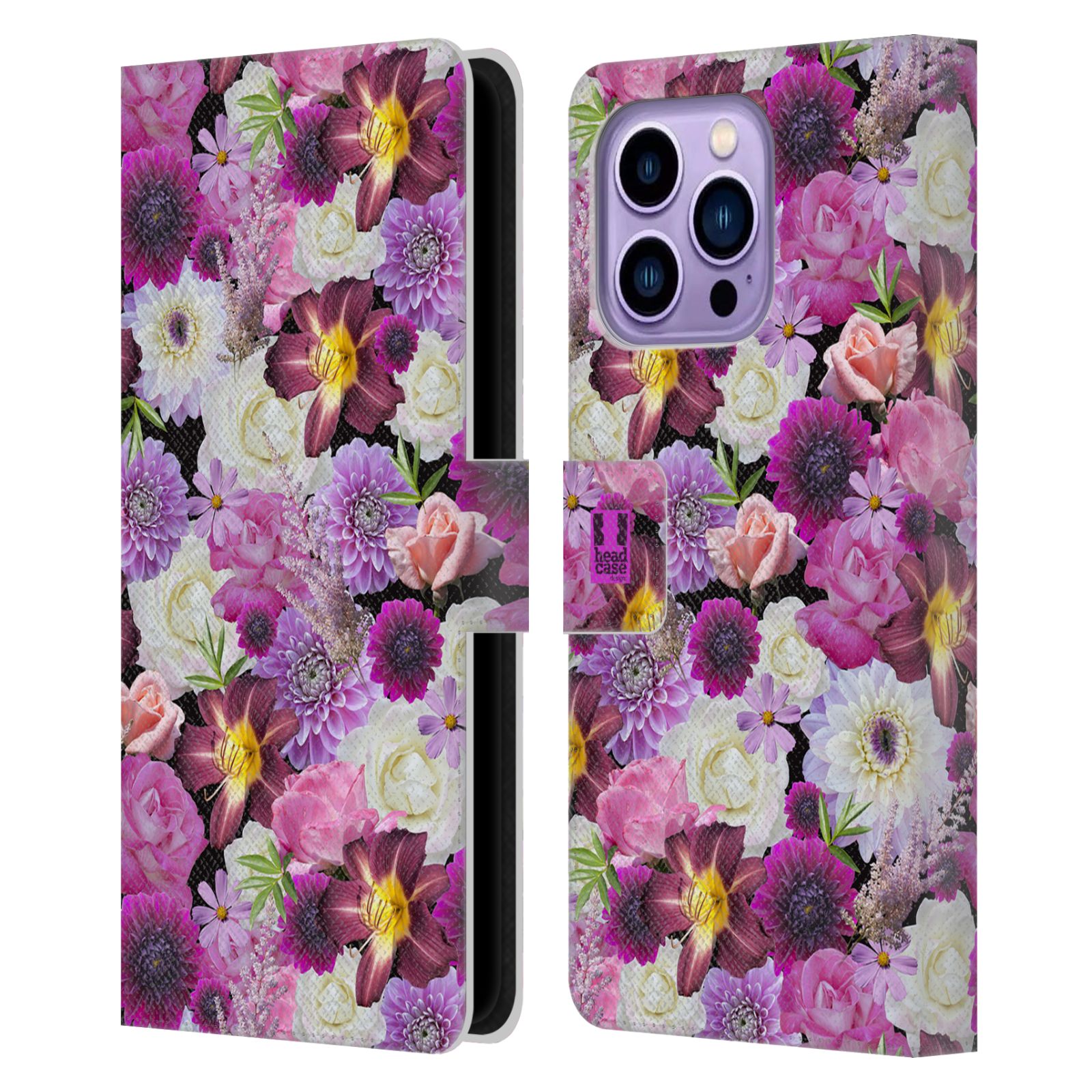 Pouzdro HEAD CASE na mobil Apple Iphone 14 PRO MAX květy foto fialová a bílá
