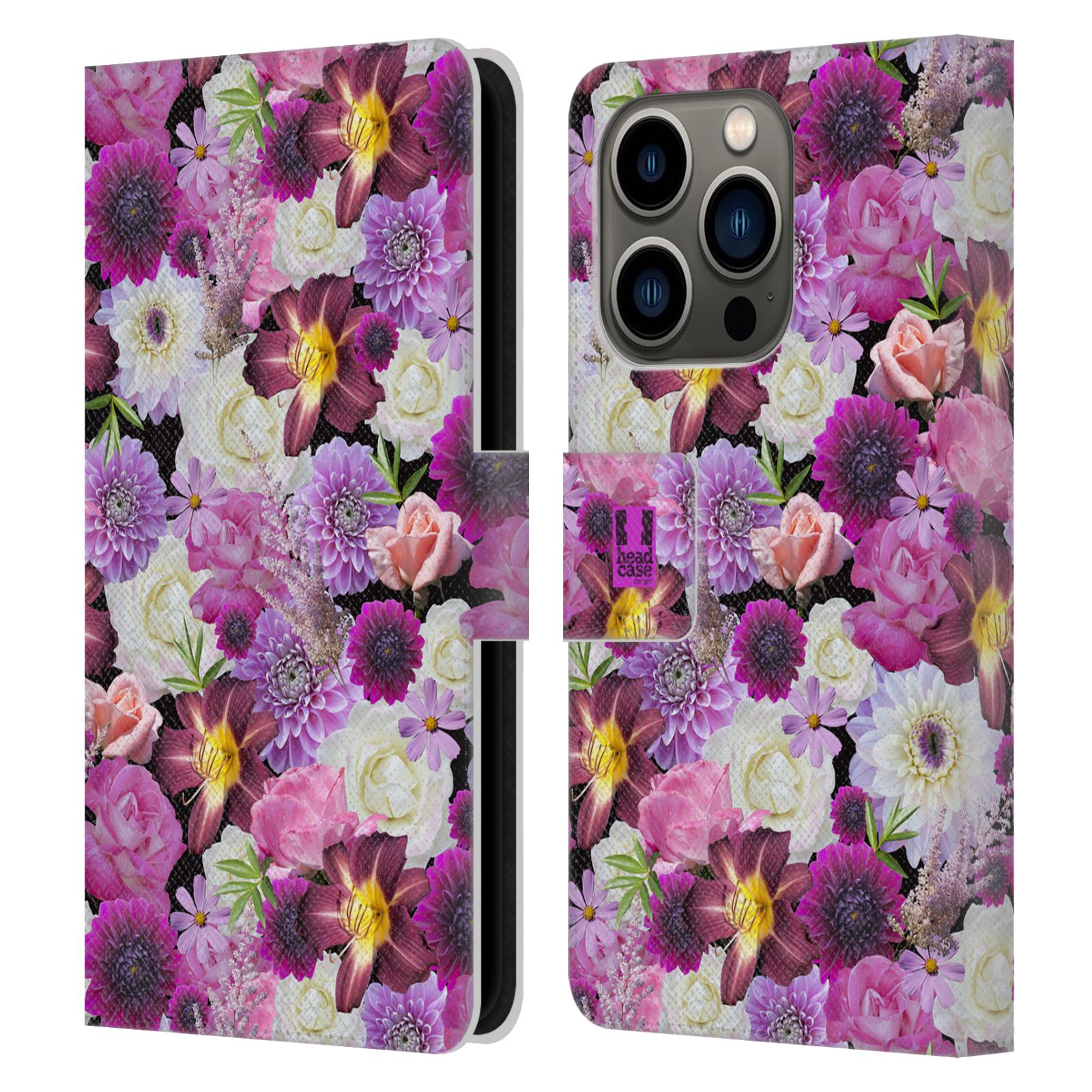 Pouzdro HEAD CASE na mobil Apple Iphone 14 PRO květy foto fialová a bílá