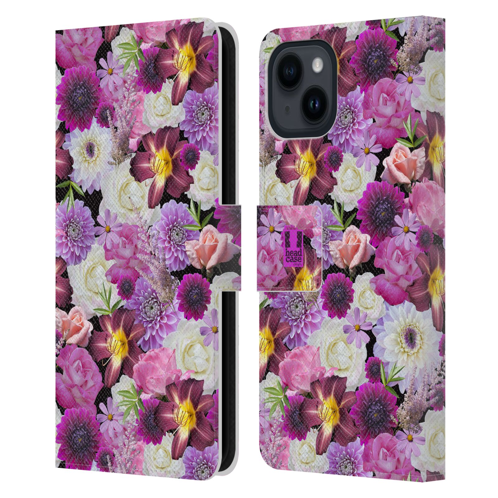 Pouzdro HEAD CASE na mobil Apple Iphone 15 květy foto fialová a bílá