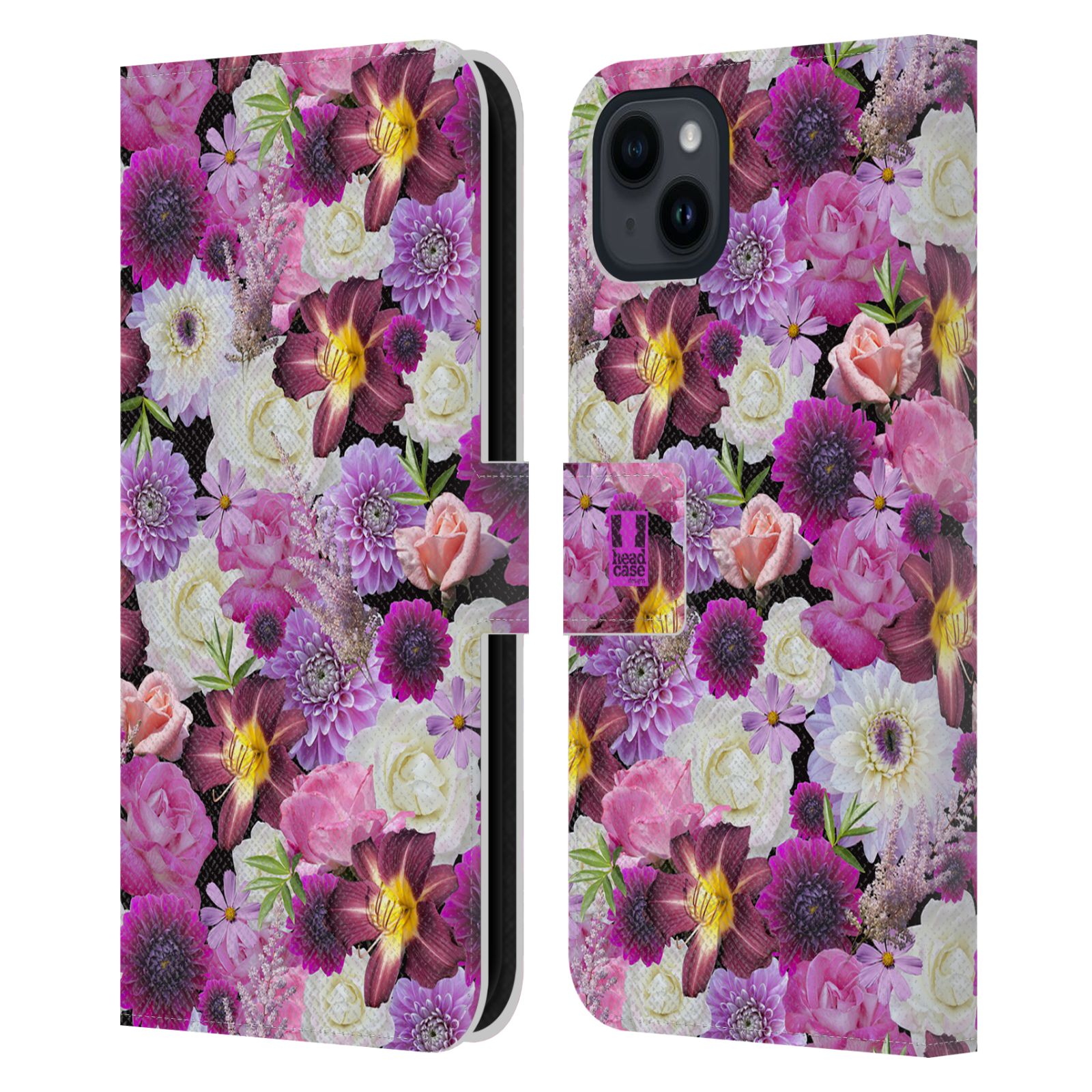 Pouzdro HEAD CASE na mobil Apple Iphone 15 PLUS květy foto fialová a bílá