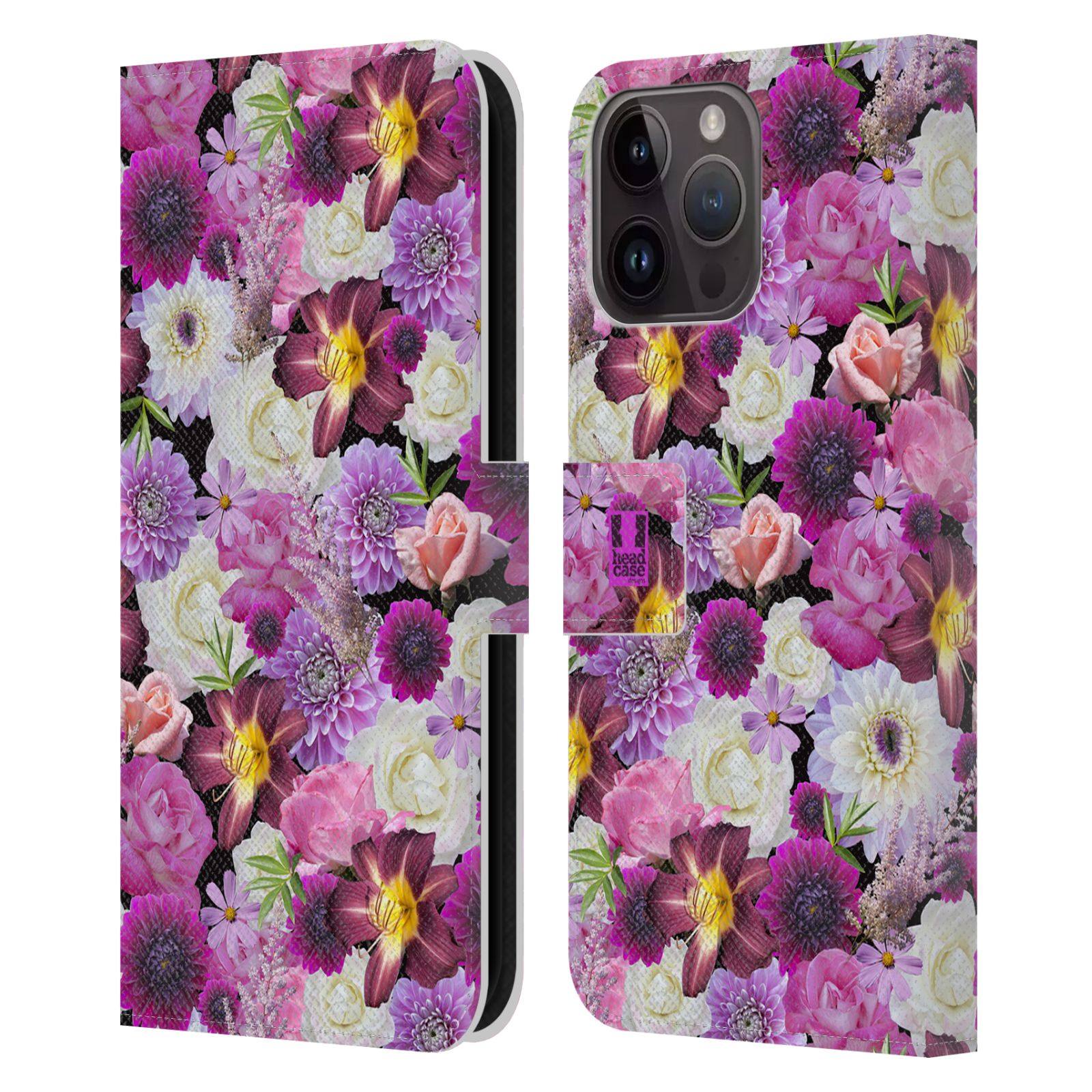 Pouzdro HEAD CASE na mobil Apple Iphone 15 PRO MAX květy foto fialová a bílá