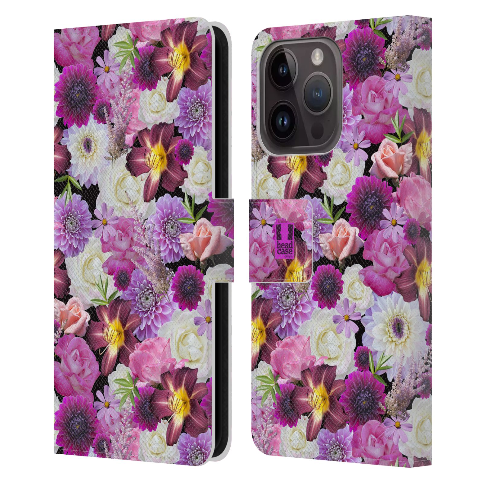 Pouzdro HEAD CASE na mobil Apple Iphone 15 PRO květy foto fialová a bílá