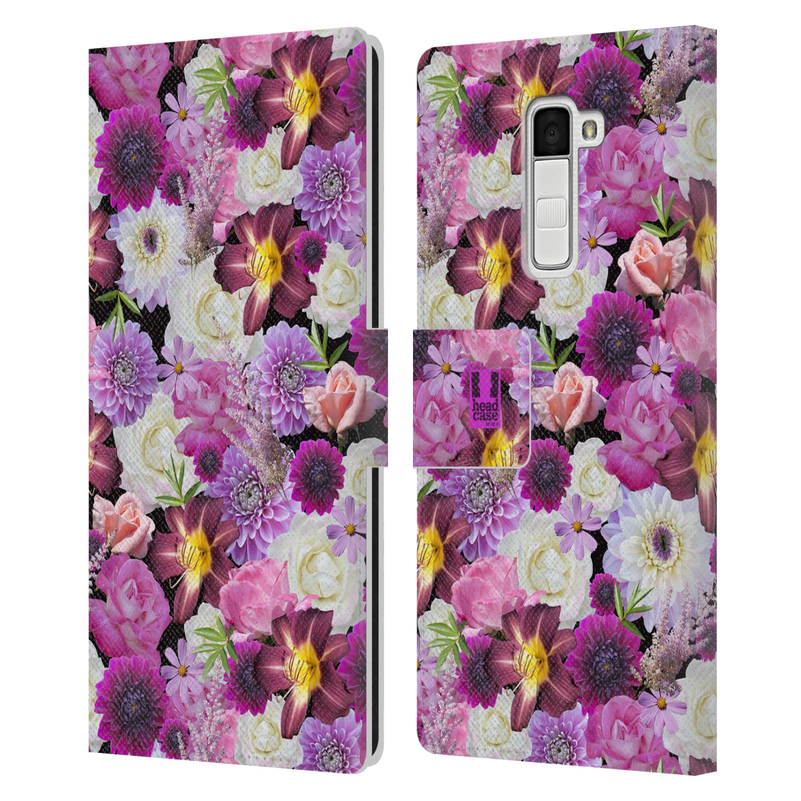 HEAD CASE Flipové pouzdro pro mobil LG K10 květy foto fialová a bílá