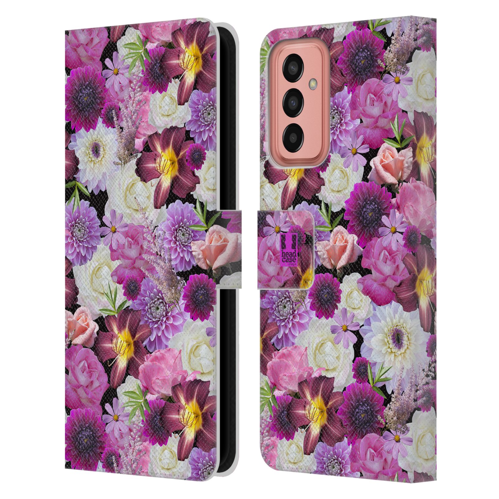 Pouzdro HEAD CASE na mobil Samsung Galaxy M13 květy foto fialová a bílá