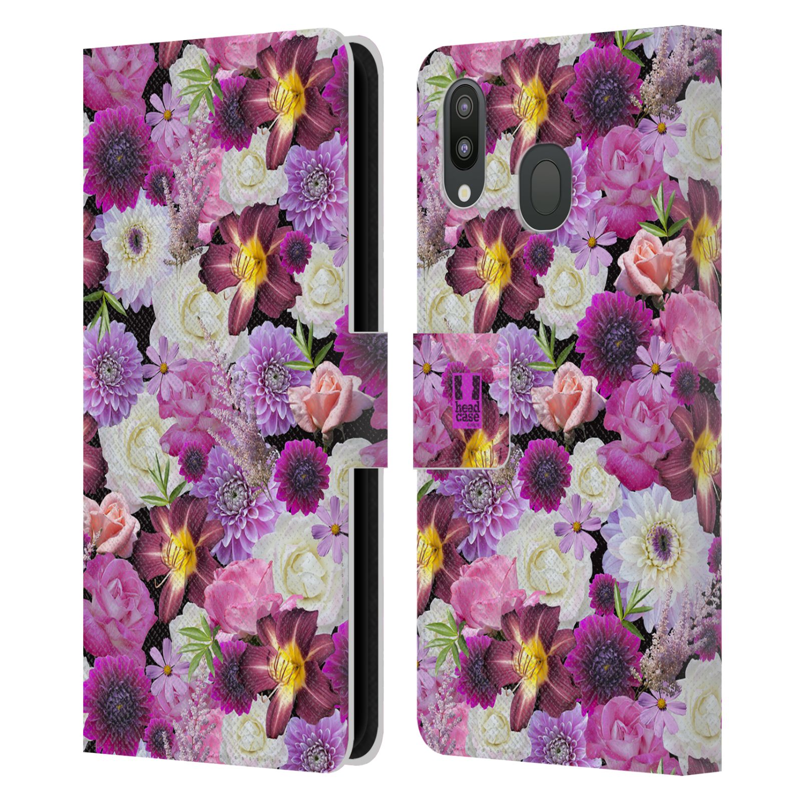 Pouzdro na mobil Samsung Galaxy M20 květy foto fialová a bílá