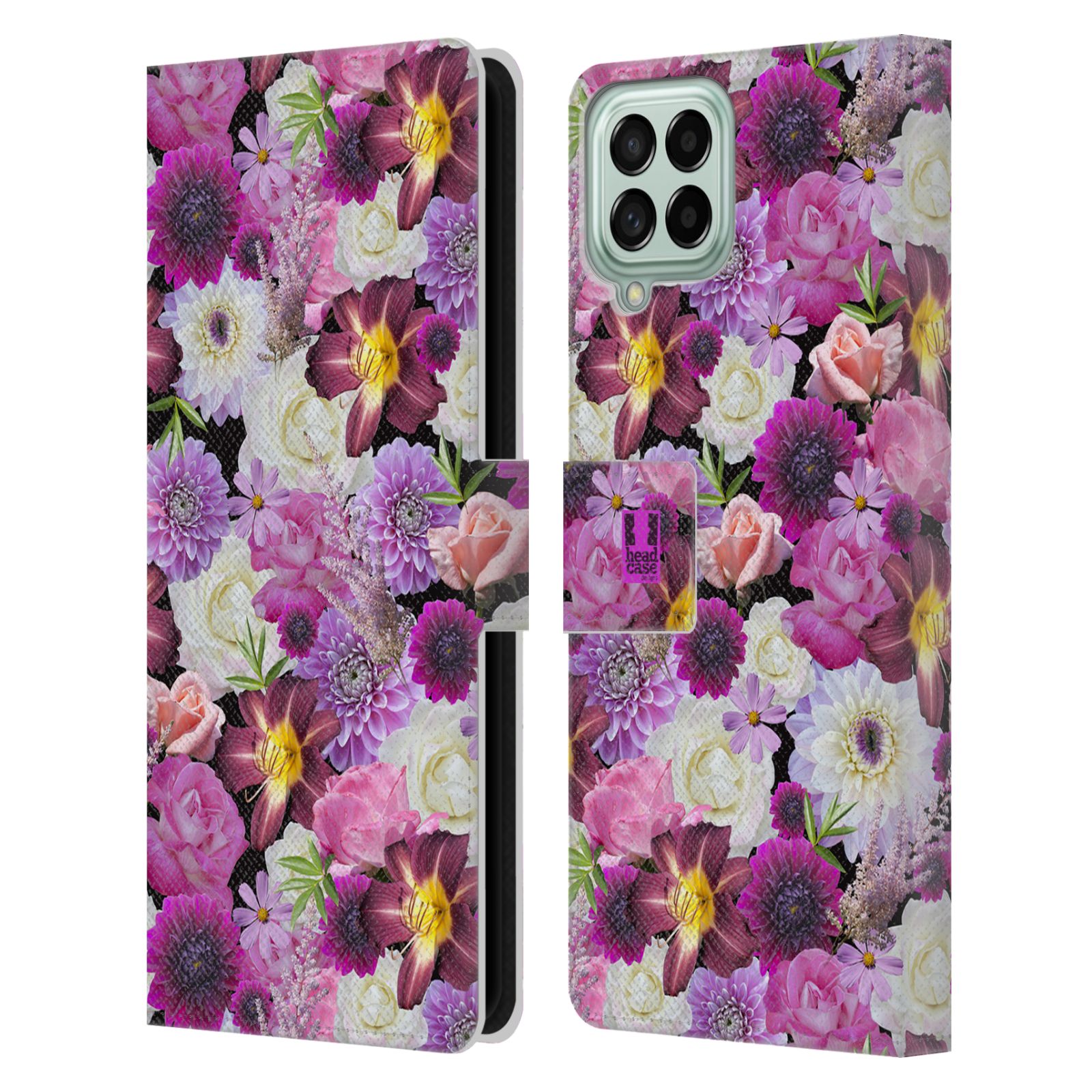 Pouzdro HEAD CASE na mobil Samsung Galaxy M53 5G květy foto fialová a bílá