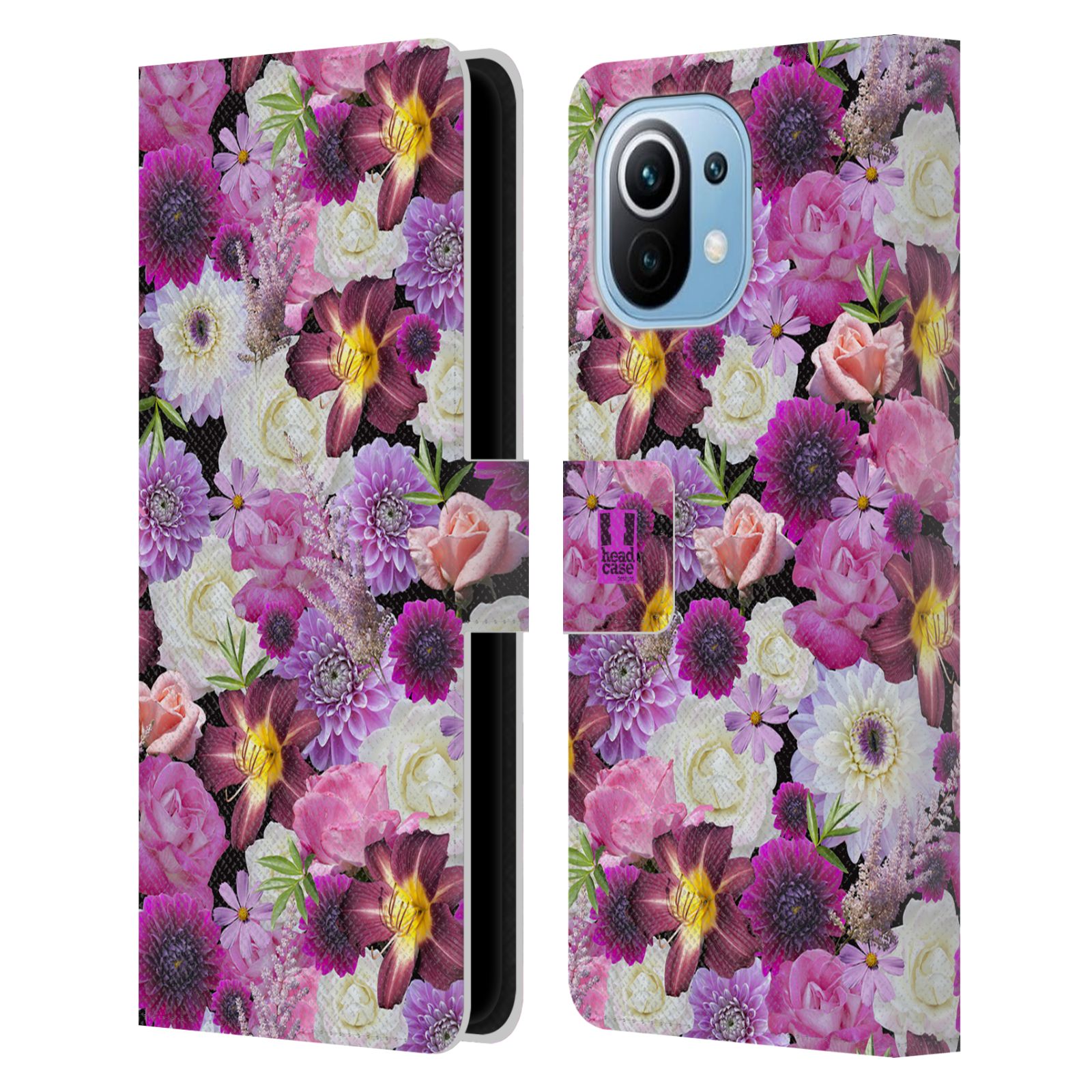 Pouzdro HEAD CASE na mobil Xiaomi Mi 11 květy foto fialová a bílá