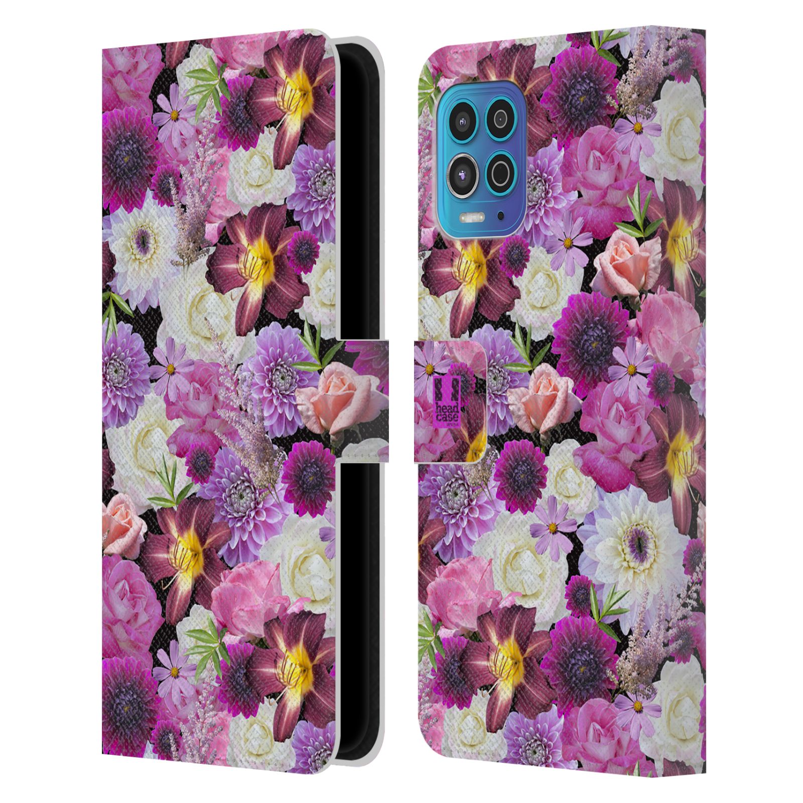 Pouzdro HEAD CASE na mobil Motorola MOTO G100 květy foto fialová a bílá