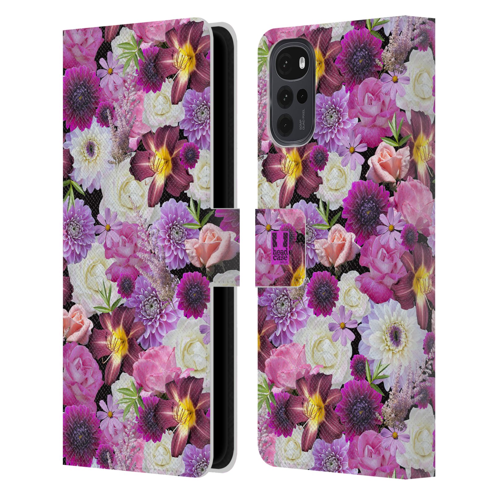Pouzdro HEAD CASE na mobil Motorola Moto G22 květy foto fialová a bílá