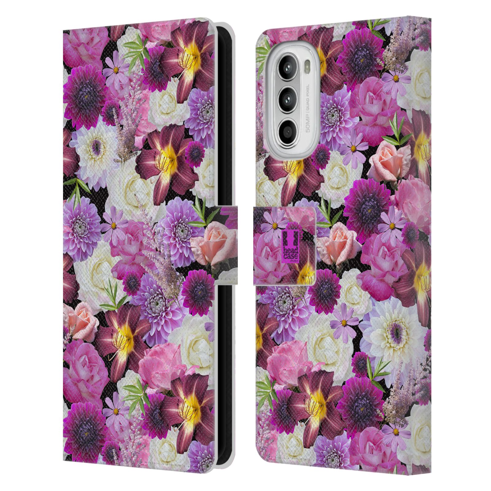Pouzdro HEAD CASE na mobil Motorola Moto G52 květy foto fialová a bílá