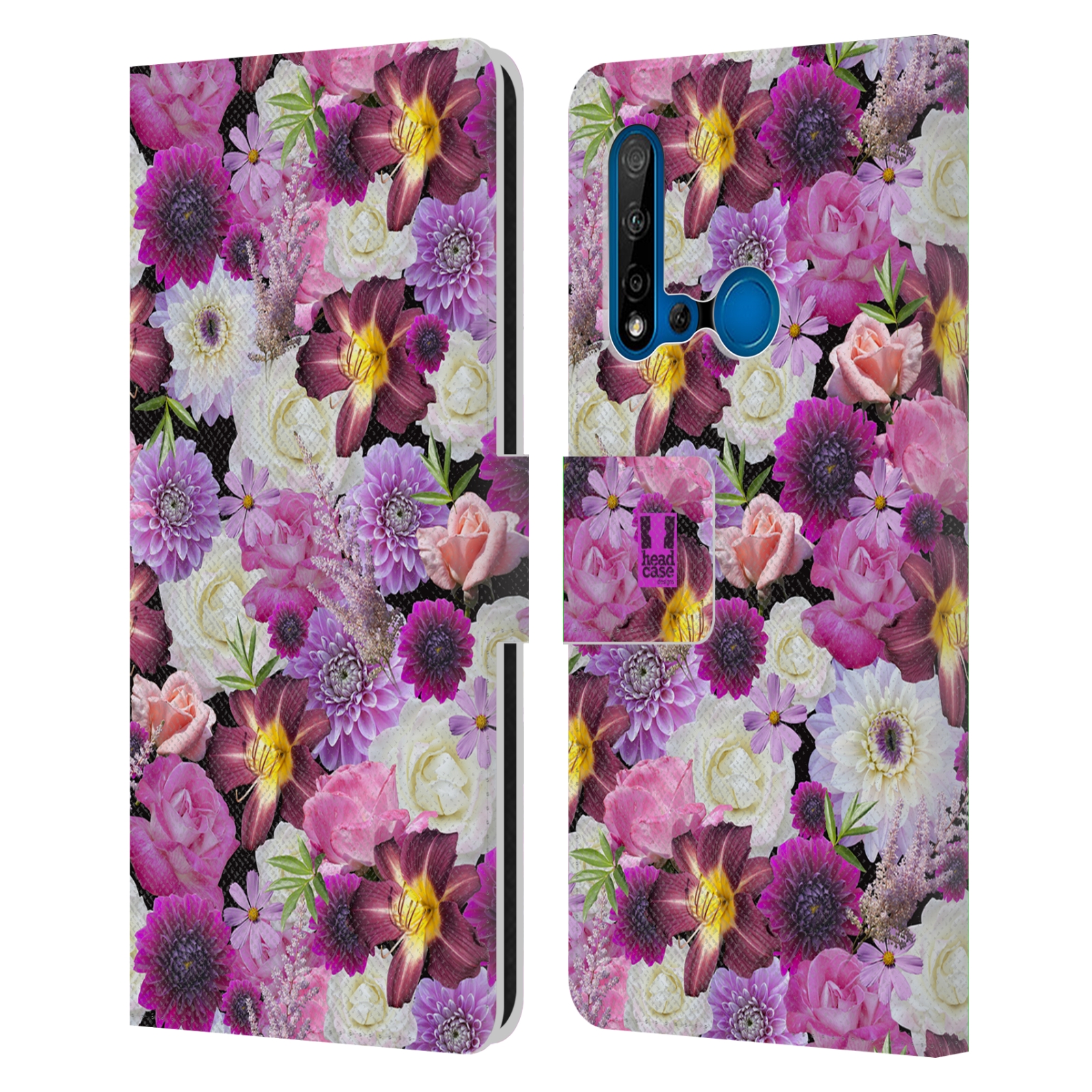 Pouzdro na mobil Huawei P20 LITE 2019 květy foto fialová a bílá