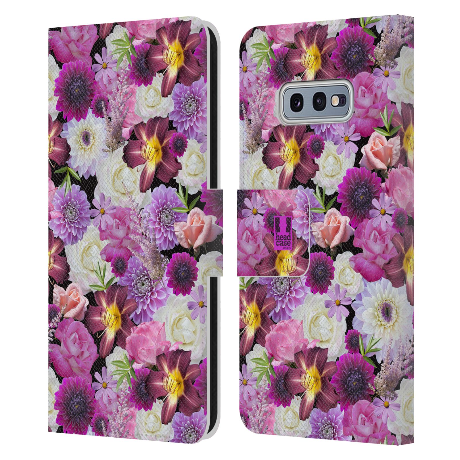 Pouzdro HEAD CASE na mobil Samsung Galaxy S10e květy foto fialová a bílá