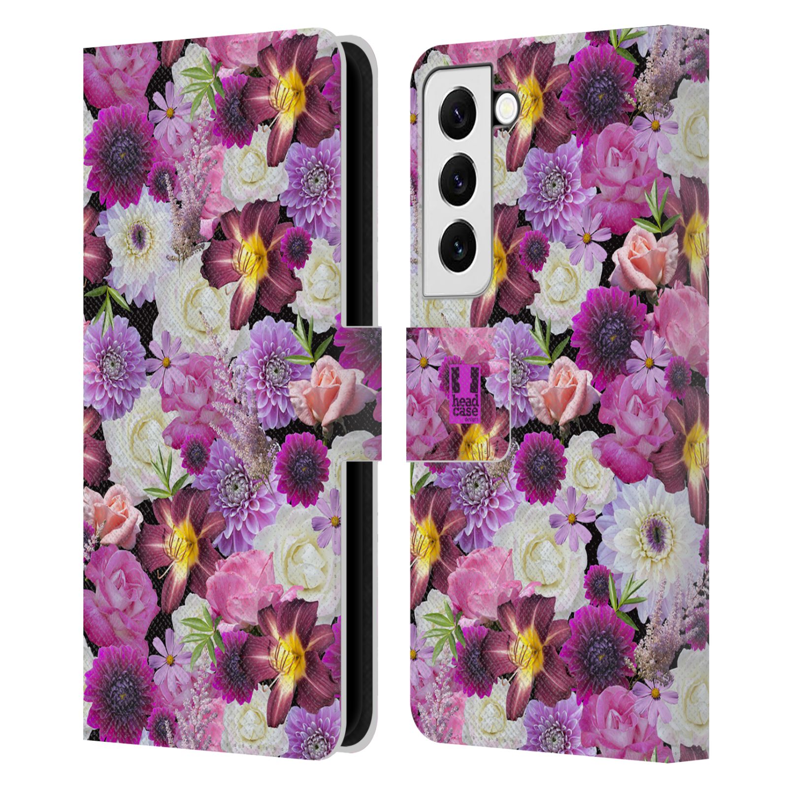 Pouzdro HEAD CASE na mobil Samsung Galaxy S22 / S22 5G květy foto fialová a bílá