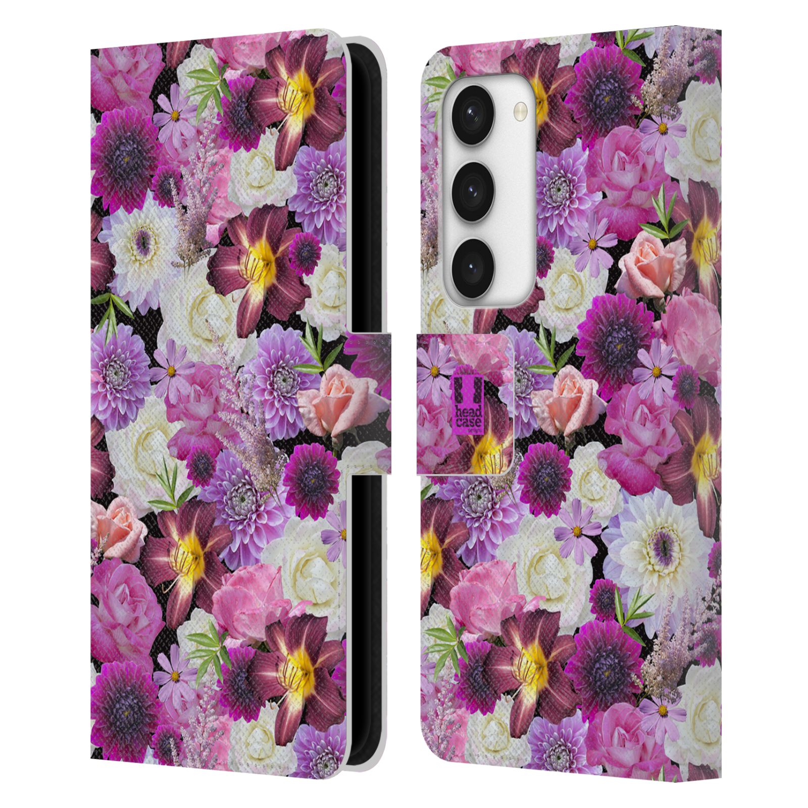 Pouzdro HEAD CASE na mobil Samsung Galaxy S23 5G květy foto fialová a bílá