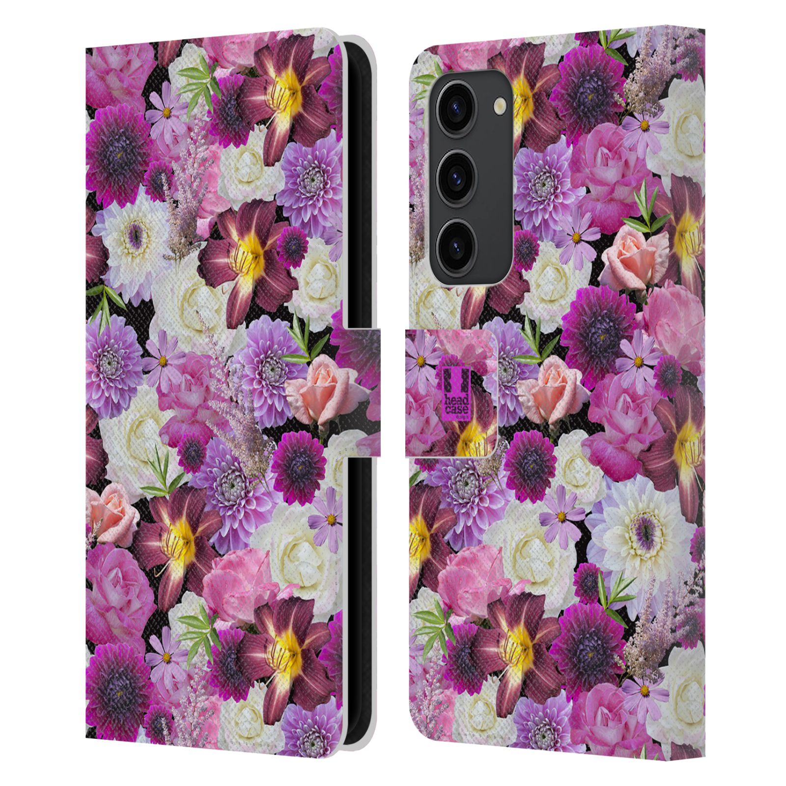 Pouzdro HEAD CASE na mobil Samsung Galaxy S23+ květy foto fialová a bílá