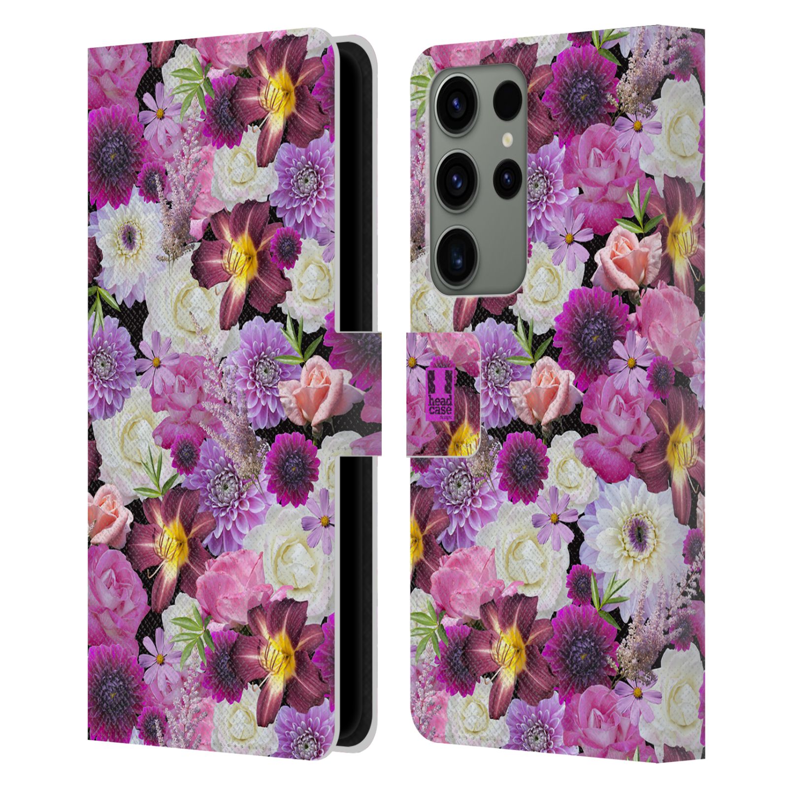 Pouzdro HEAD CASE na mobil Samsung Galaxy S23 ULTRA květy foto fialová a bílá