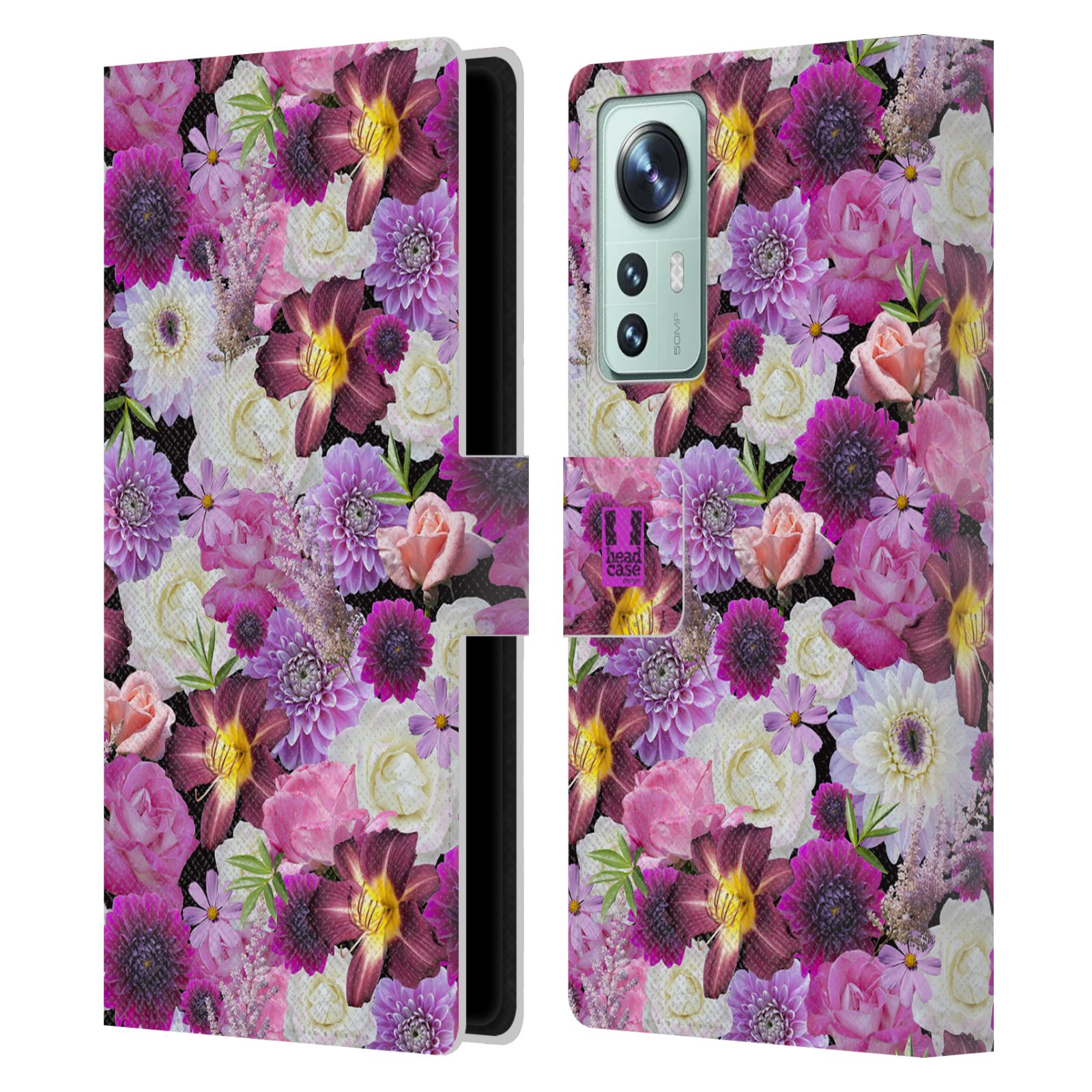 Pouzdro HEAD CASE na mobil Xiaomi 12 květy foto fialová a bílá