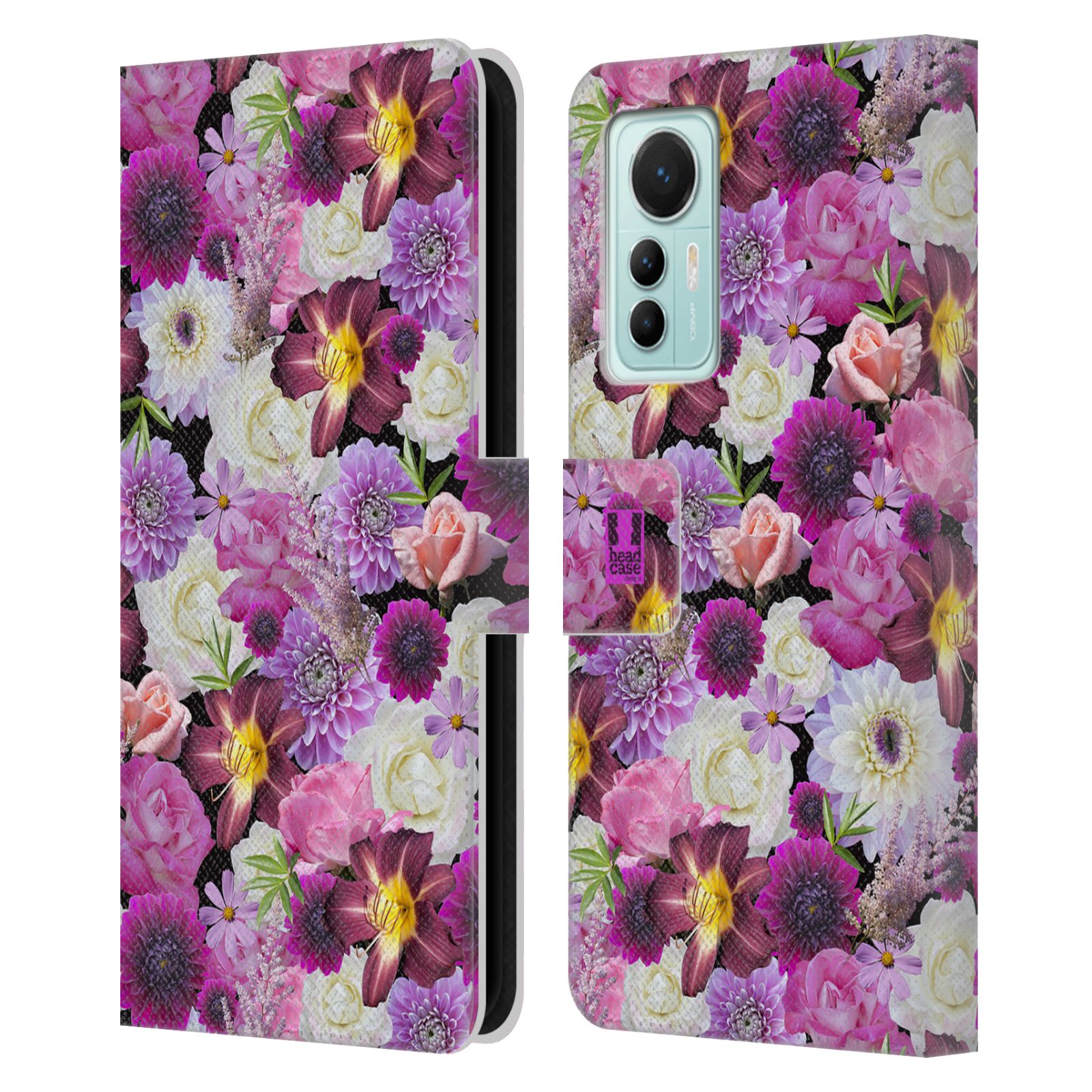 Pouzdro HEAD CASE na mobil Xiaomi 12 LITE květy foto fialová a bílá