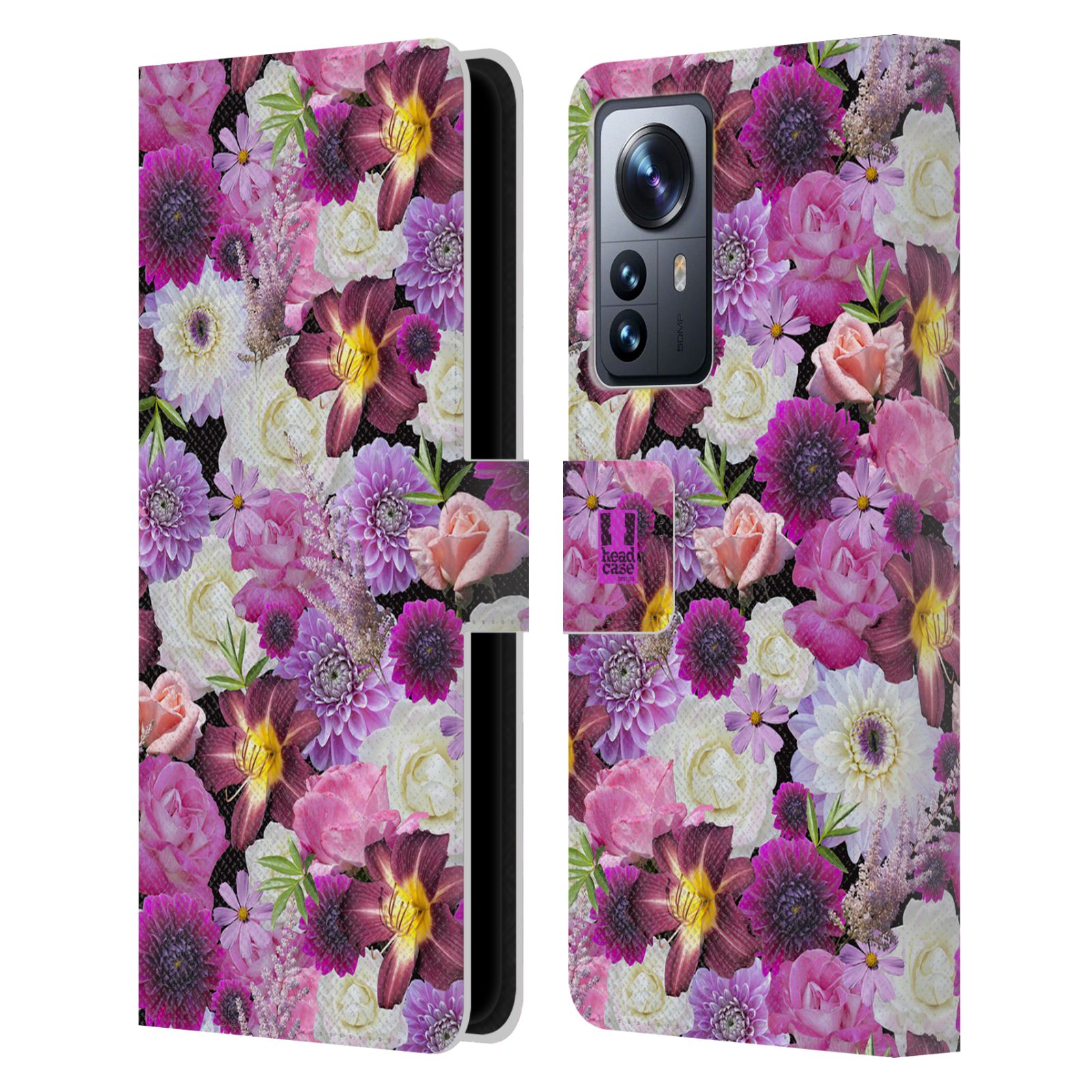 Pouzdro HEAD CASE na mobil Xiaomi 12 PRO květy foto fialová a bílá