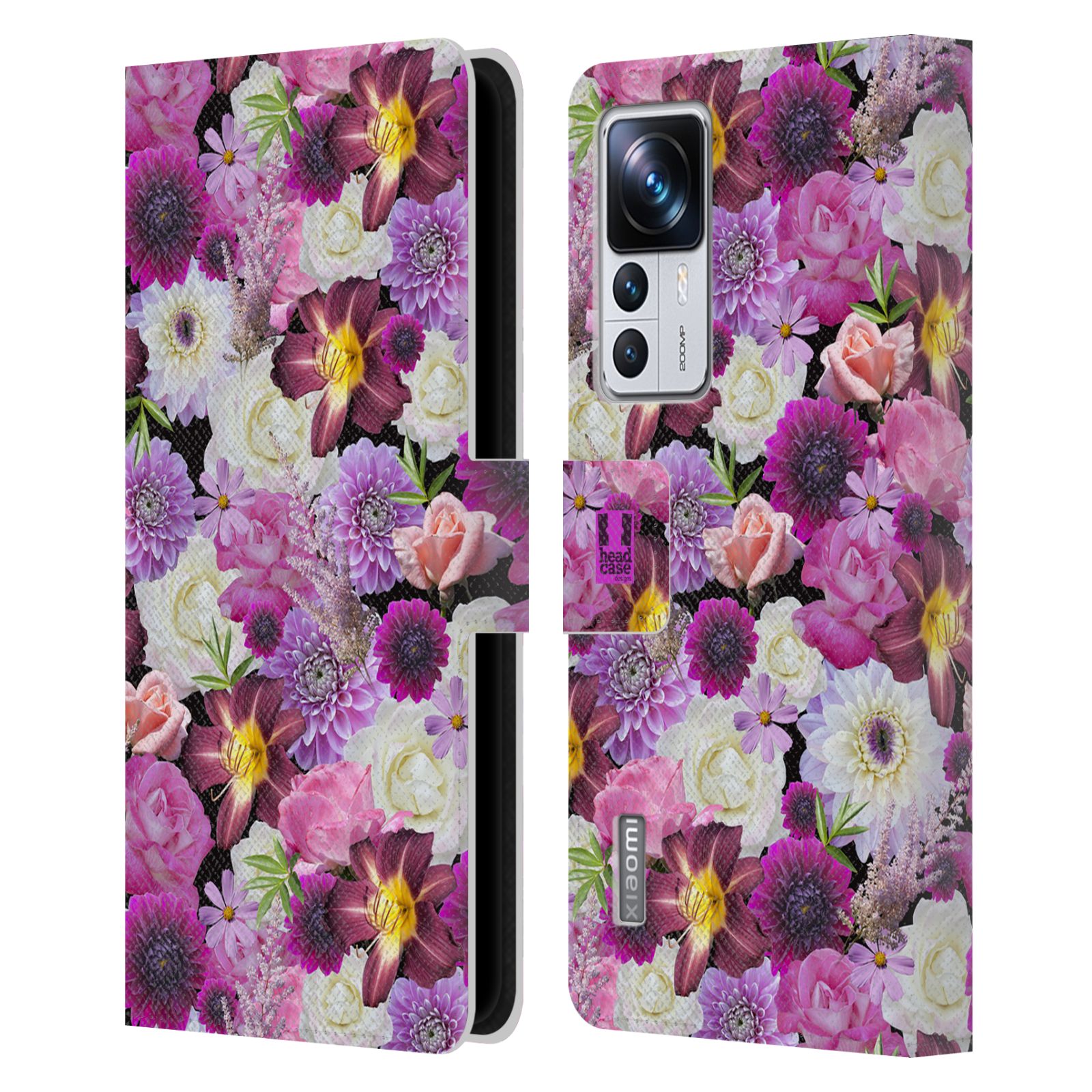 Pouzdro HEAD CASE na mobil Xiaomi 12T PRO květy foto fialová a bílá