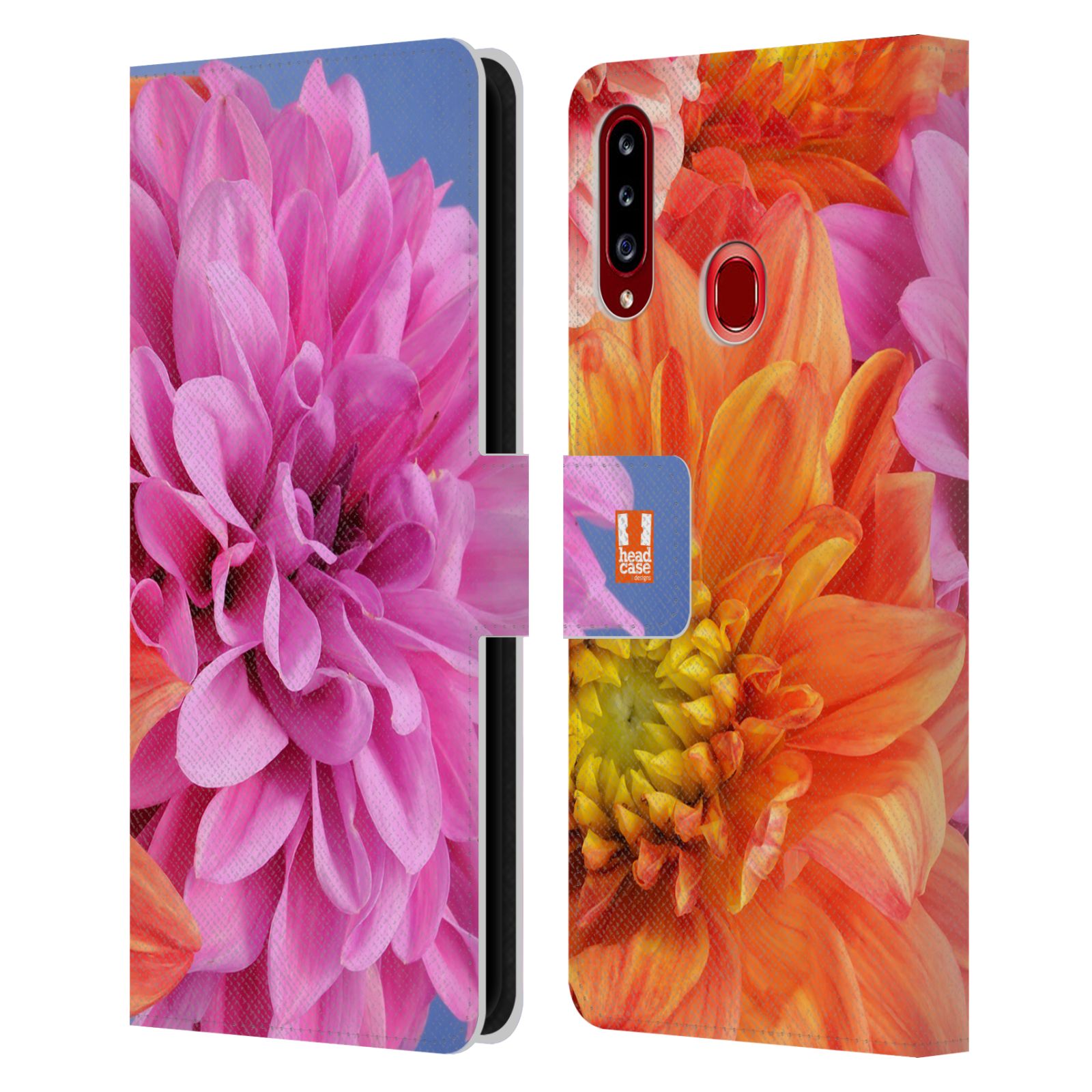 HEAD CASE Flipové pouzdro pro mobil Samsung Galaxy A20s květy foto Jiřinka růžová a oranžová