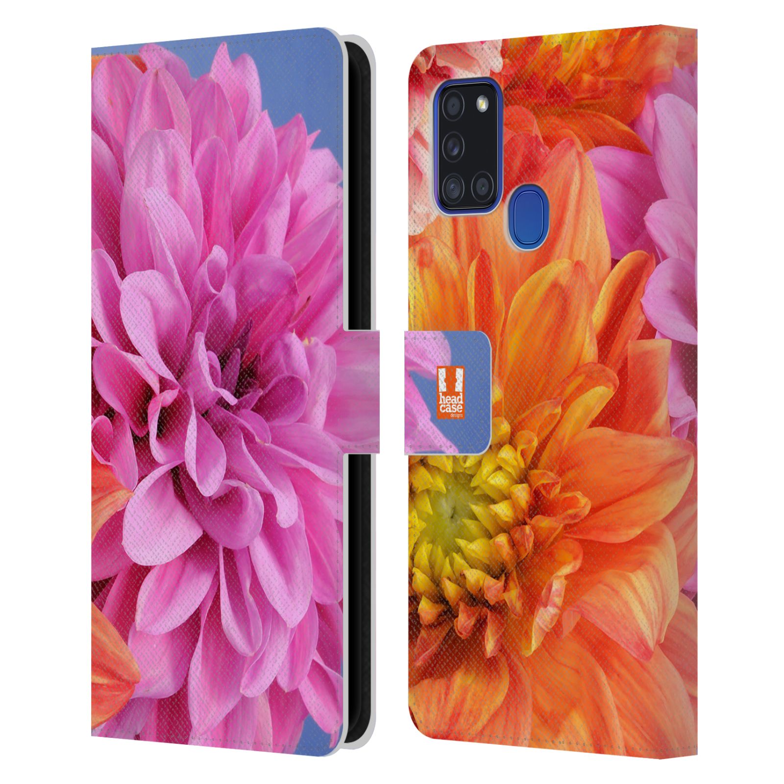 HEAD CASE Flipové pouzdro pro mobil Samsung Galaxy A21s květy foto Jiřinka růžová a oranžová